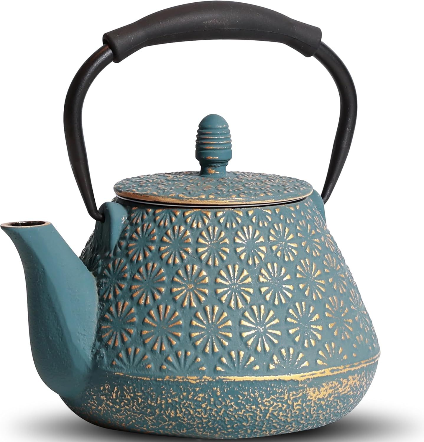 Théière en fonte japonaise à motif de sakura en émail, 950 ml, avec infuseur pour thé en feuille et café, poignée en silicone, sûre pour la cuisinière, 32 oz bleu