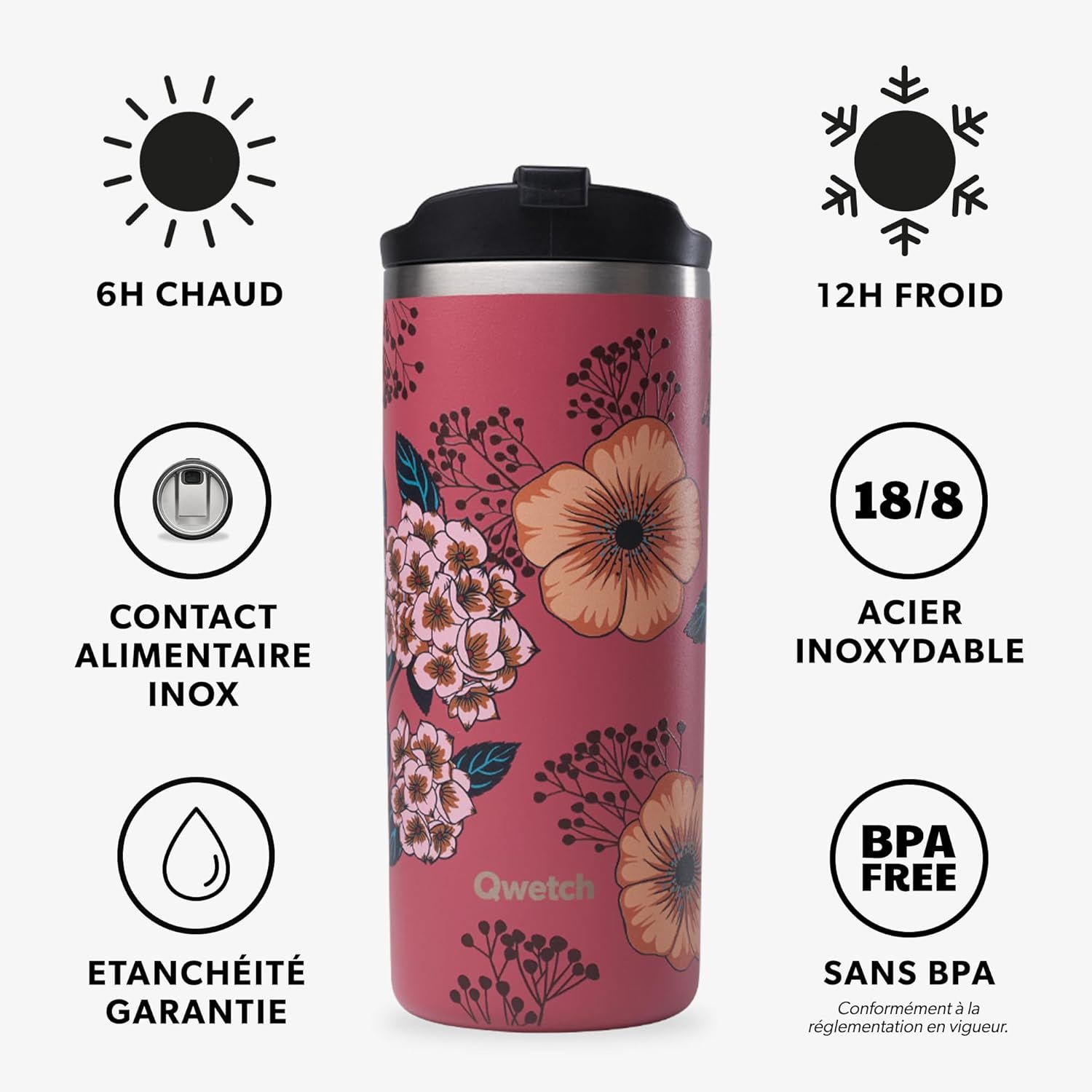 QWETCH - Travel Mug Isotherme - Anémones 470ml - Thermo Café & Thé en Inox - 6h Chaud et 12h Froid - Étanche, Mug de voyage