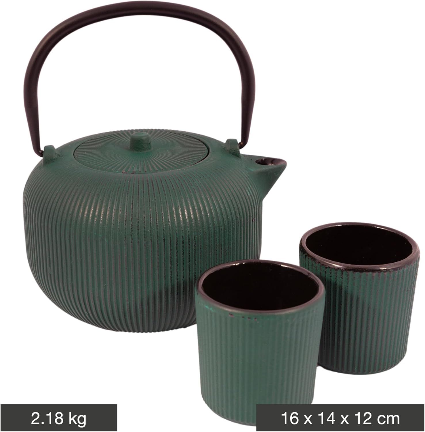 Point-Virgule set de théière nervurée en fonte et 2 tasses revêtement émaillé intérieur Forest Green