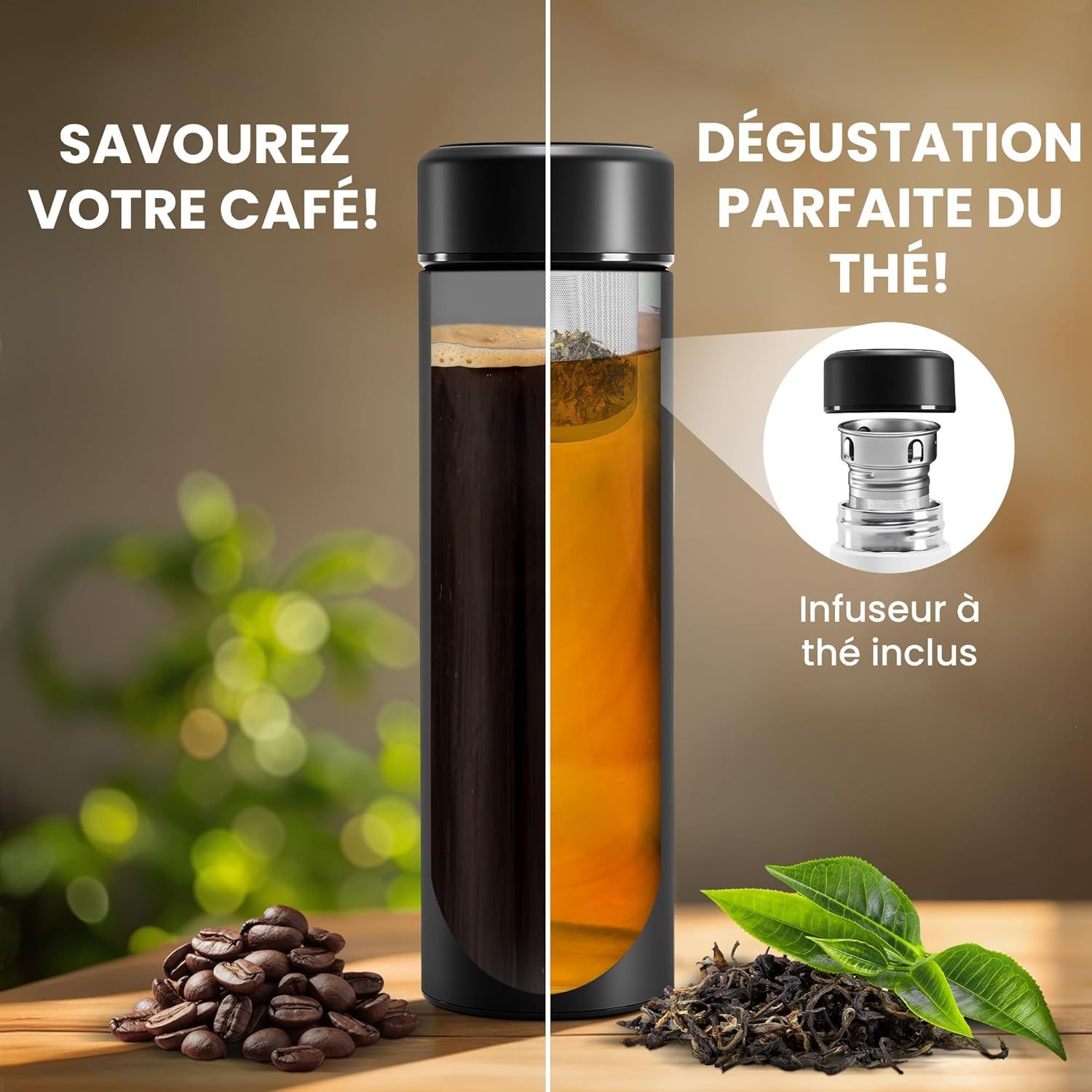 Bouteille d’eau isotherme à infusion thé & fruits + infuseur à fruit + passoire thé sans BPA | Thermos 450ml en acier inoxydable isolé sous vide | Gourde bureau extérieur école voyage sport – Noir