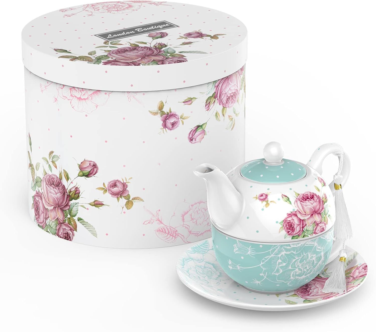 London Boutique Service à thé pour une personne avec théière, tasse à thé et soucoupe pour 1 personne en porcelaine anglaise Motif floral vintage 350 m (turquoise)