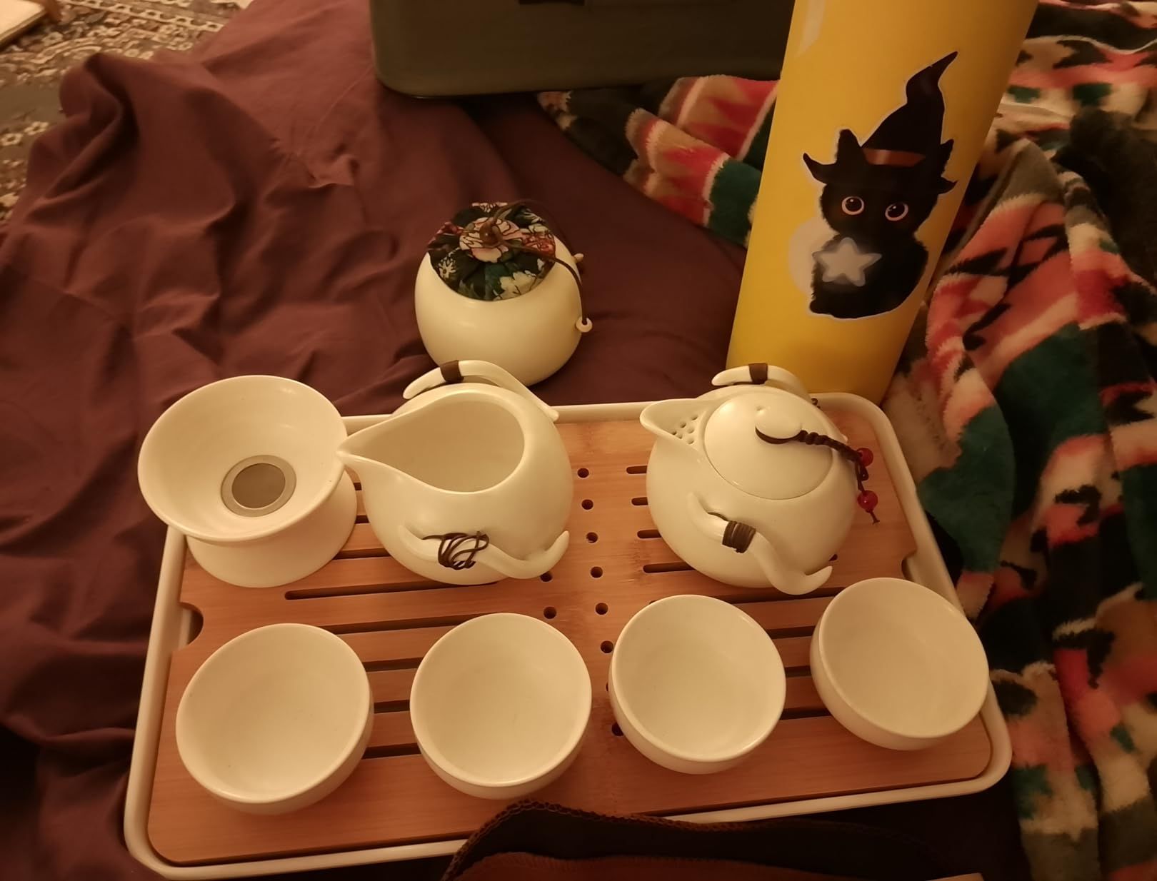 fanquare Portable Kungfu Service à Thé Chinois, Ensemble de Thé Kungfu Fait Main, Théière en Porcelaine, Tasses à Thé, Plateau à Thé en Bambou et Un Sac pour Voyage, Blanc