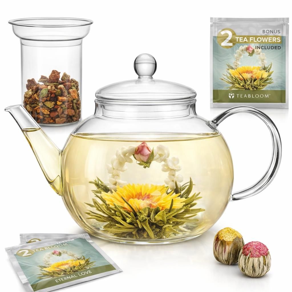 Teabloom Théière en Verre, Résistante à la Cuisson et aux Micro-ondes, avec Infuseur Amovible pour Thé en Vrac – 2 Thés Fleuris Inclus – Bouilloire et Machine à Thé 1.2 L