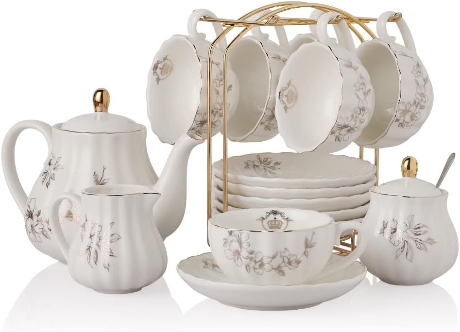 British Royal Series Service à thé en porcelaine avec tasses et soucoupe pour 6 personnes 225 ml avec théière, sucrier, pichet à crème, cuillères à café et passoire à thé