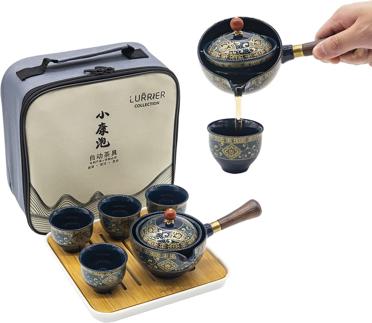 LURRIER Service à thé chinois Gongfu en porcelaine, théière portable avec rotation à 360° et infuseur, sac cadeau portable tout-en-un pour voyage, maison, cadeau, extérieur et bureau (bleu floral)