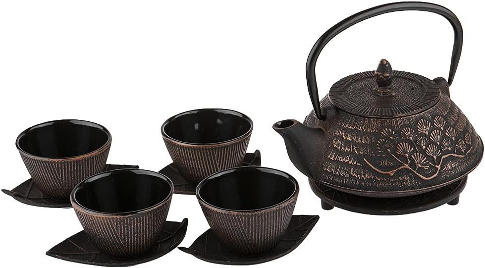 lachineuse - Service à Thé en Fonte Fleurs Cerisiers - 1 Théière, 4 Tasses en Fonte & Filtre Infuseur - Capacité 0,8L - Décoration Japonaise Asiatique - Idée Cadeau Vaisselle - Coloris Noir & Bronze