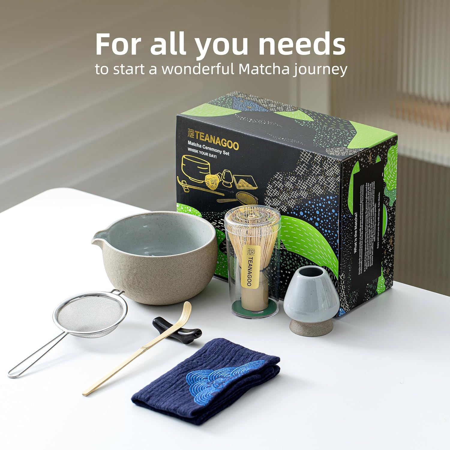 Service à thé japonais TEANAGOO (7 pièces), ensemble de fouet à matcha, bol à matcha avec bec verseur, fouet à matcha en bambou (Chasen), pelle (Chashaku), service à thé. N2, gris plus foncé…