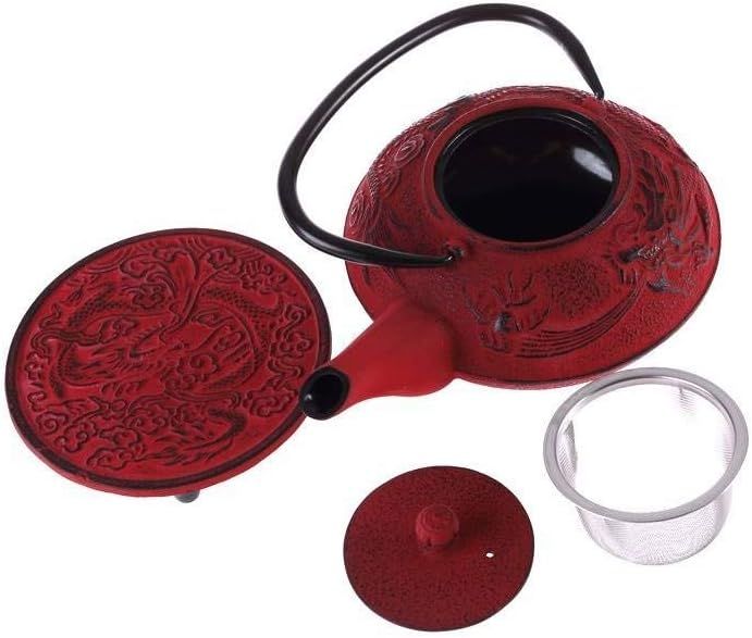 lachineuse - Service à Thé en Fonte Dragon Chinois - 1 Théière, 4 Tasses en Fonte & Filtre Infuseur - Capacité 0,8L - Décoration Japonaise Asiatique - Idée Cadeau Vaisselle Japonaise - Coloris Rouge