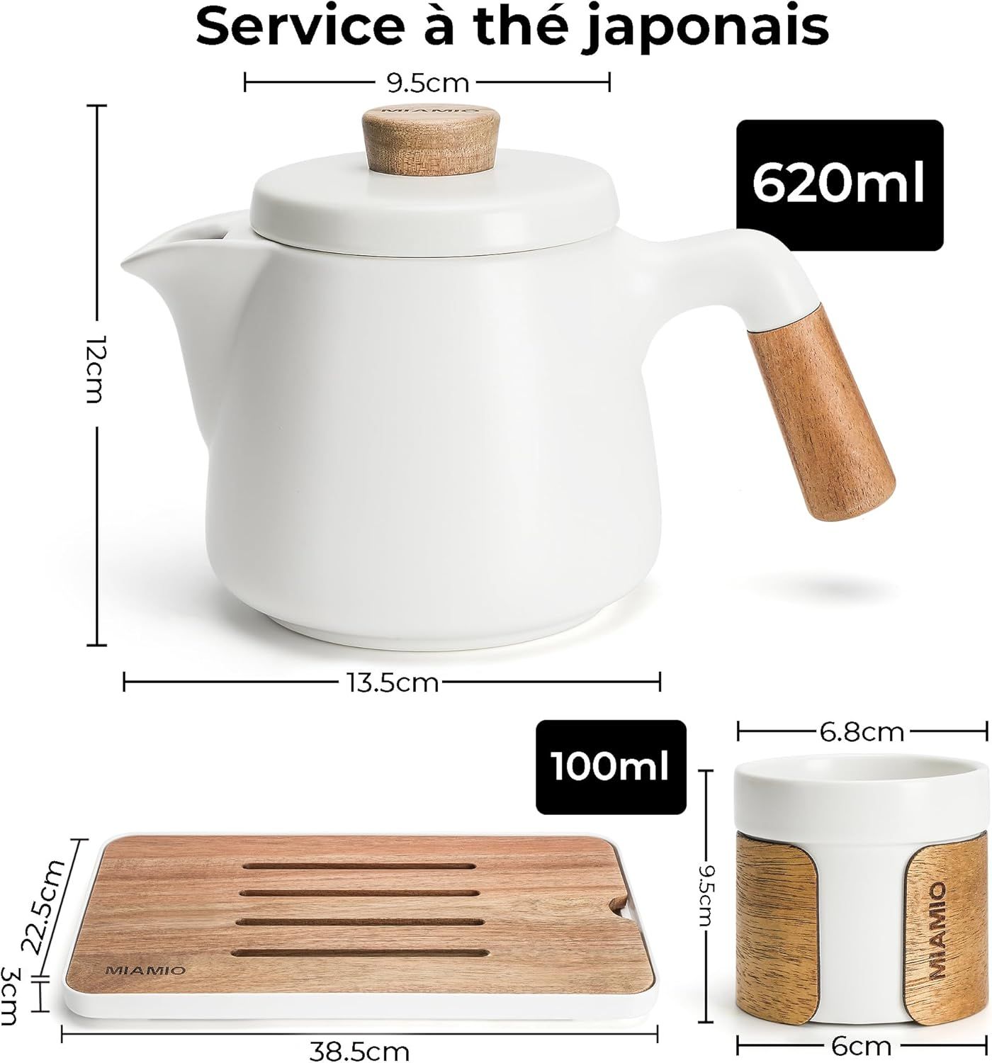 MIAMIO - Ensemble 6 x 100 ml de thé japonais/chinois/Théière asiatique 620 ml avec infuseur de thé, ensemble de tasses à thé japonaises traditionnelles pour les amateurs de th��/hommes/femmes
