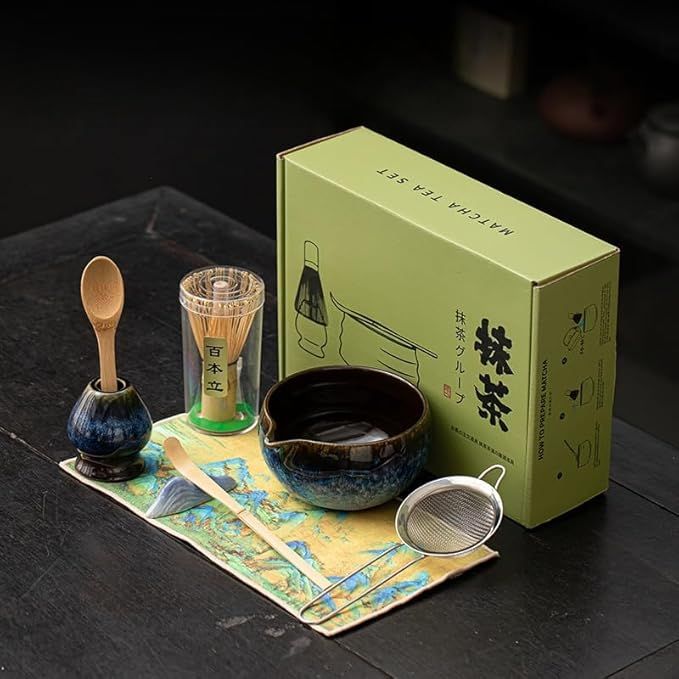 Kit Matcha Complet-Set Matcha Traditionnel en Bambou avec Fouet Matcha (Chasen),Cuillère & Support-Coffret Thé Matcha Japonais Authentique pour Cérémonie-Idée Cadeau (Macha)