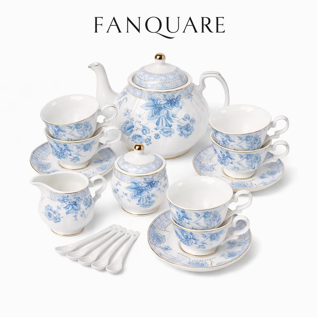 fanquare Service à Thé en Porcelaine Fleurs Bleues, Ensemble de Tasse et Soucoupe à Thé, Service de Thé 6 Personnes, Théière de Mariage Pichet à Crème Dans un Sucrier, Service à Café en Porcelaine