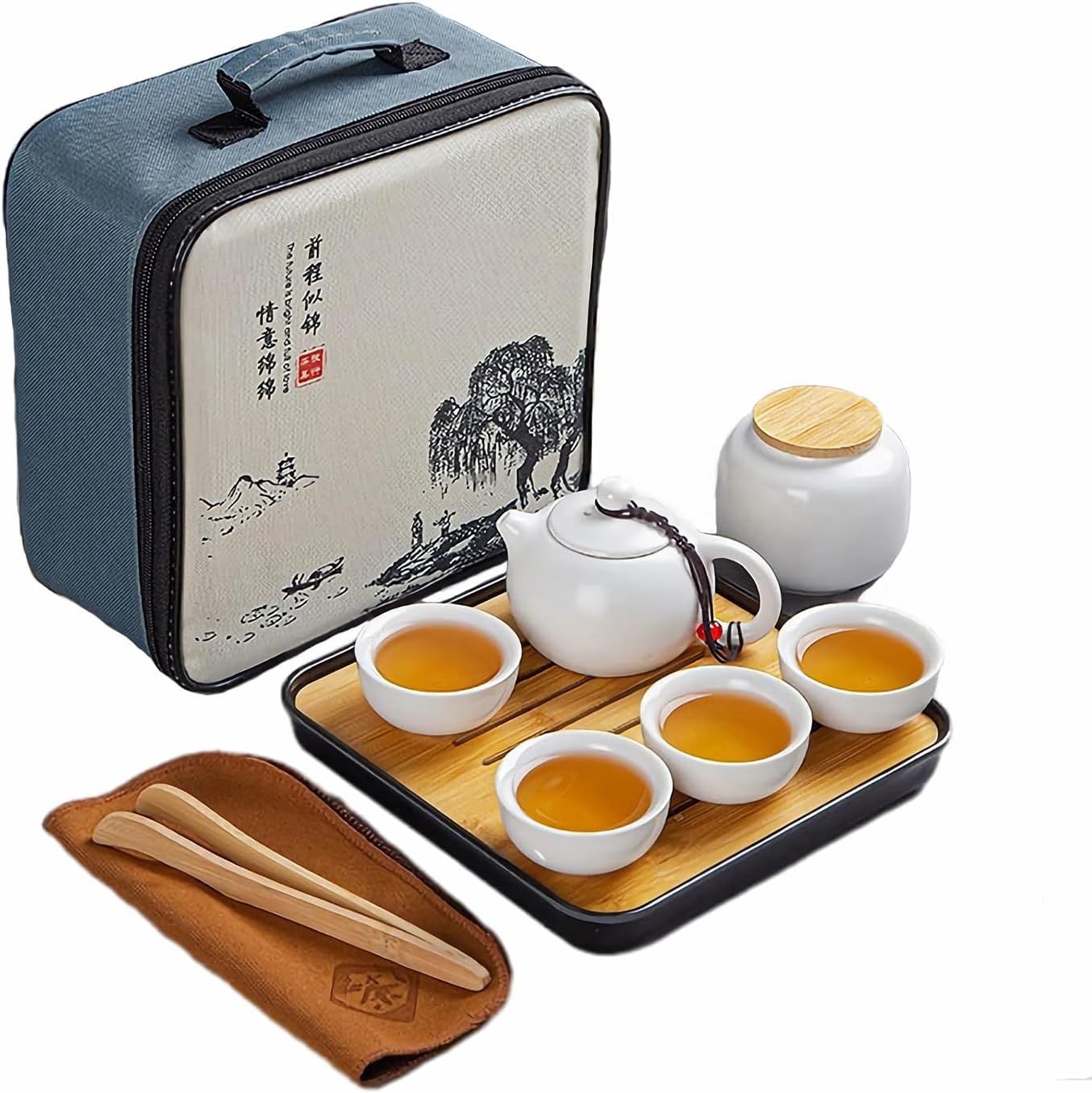 Ensemble de Théière Chinois Kungfu en Céramique - Service à Thé avec 4 Tasses et Plateau - Cadeau Tout-en-Un pour Thé en Vrac - Blanc
