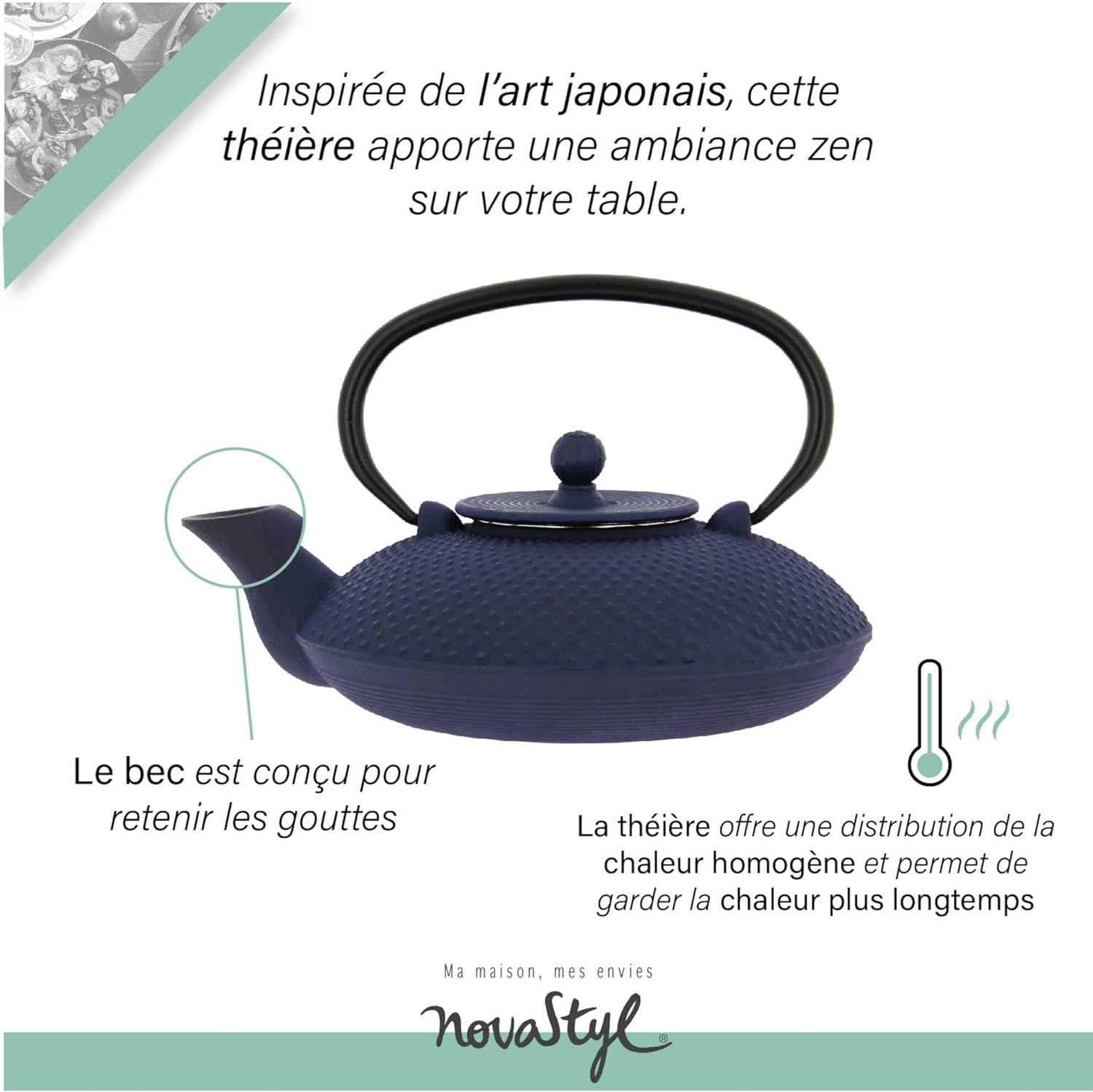 NOVASTYL - Théière en fonte Fuji bleue - 0,8L - Inspiré de l'art japonais - 7321629