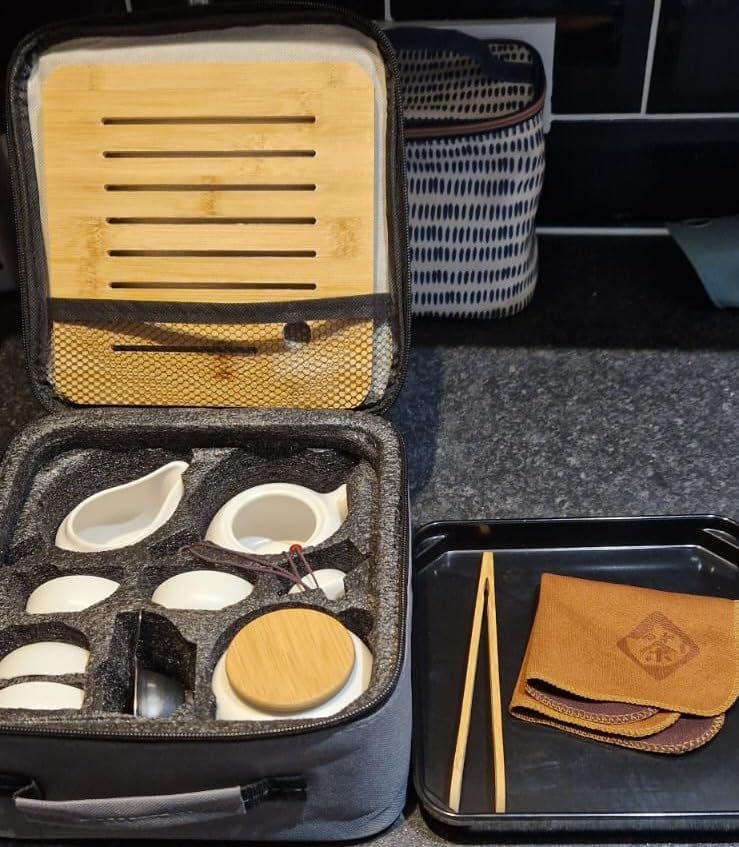 Théière chinoise avec plateau et infuseur - Théière portable en porcelaine - Sac tout-en-un - Pour extérieur, pique-nique, affaires, hôtel (noir)