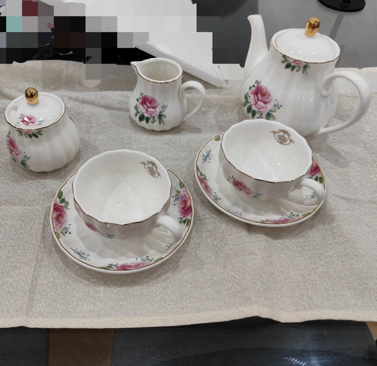 British Royal Series Service à thé en porcelaine avec tasses et soucoupe pour 6 personnes 225 ml avec théière, sucrier, pichet à crème, cuillères à café et passoire à thé