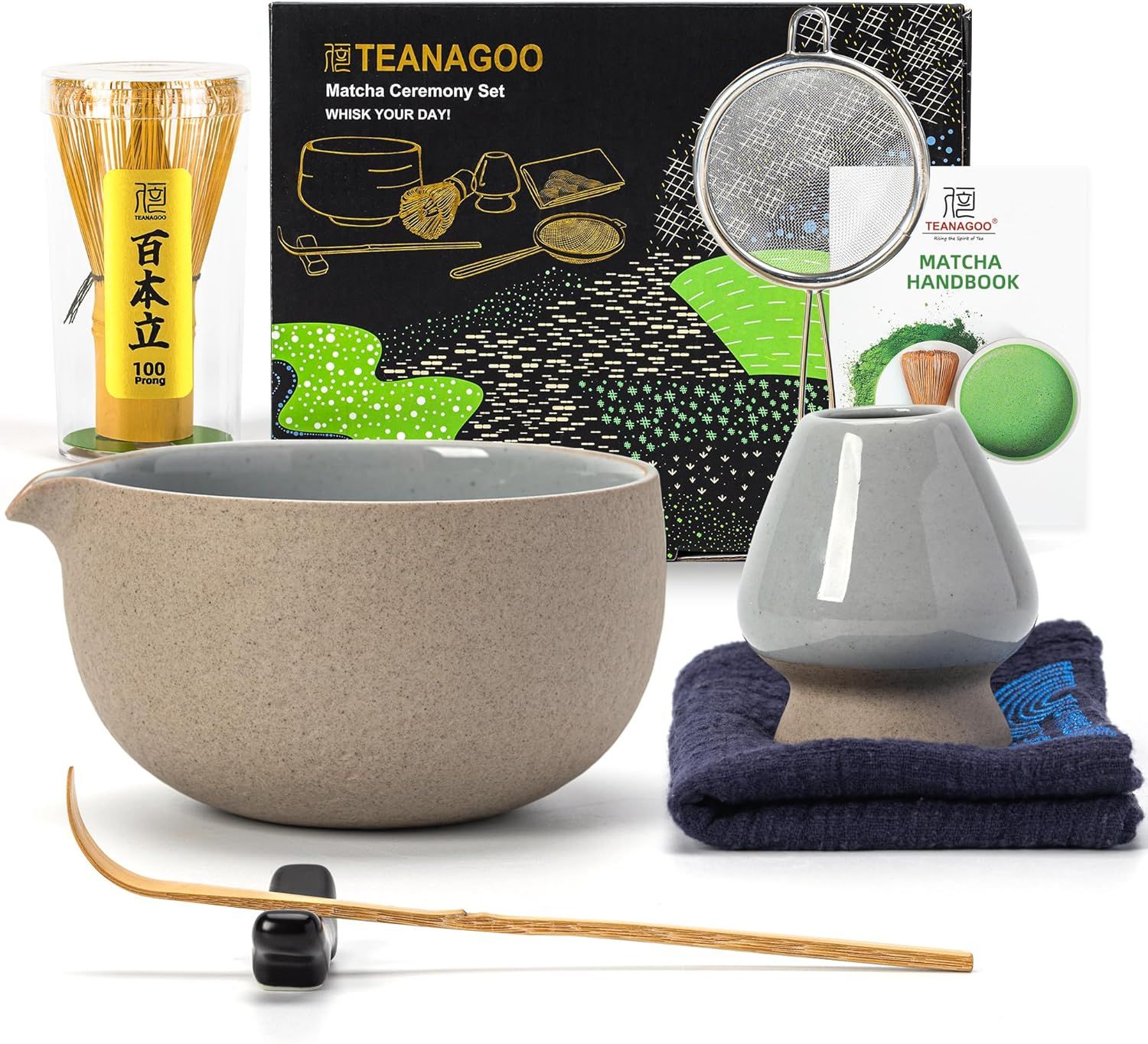 Service à thé japonais TEANAGOO (7 pièces), ensemble de fouet à matcha, bol à matcha avec bec verseur, fouet à matcha en bambou (Chasen), pelle (Chashaku), service à thé. N2, gris plus foncé…