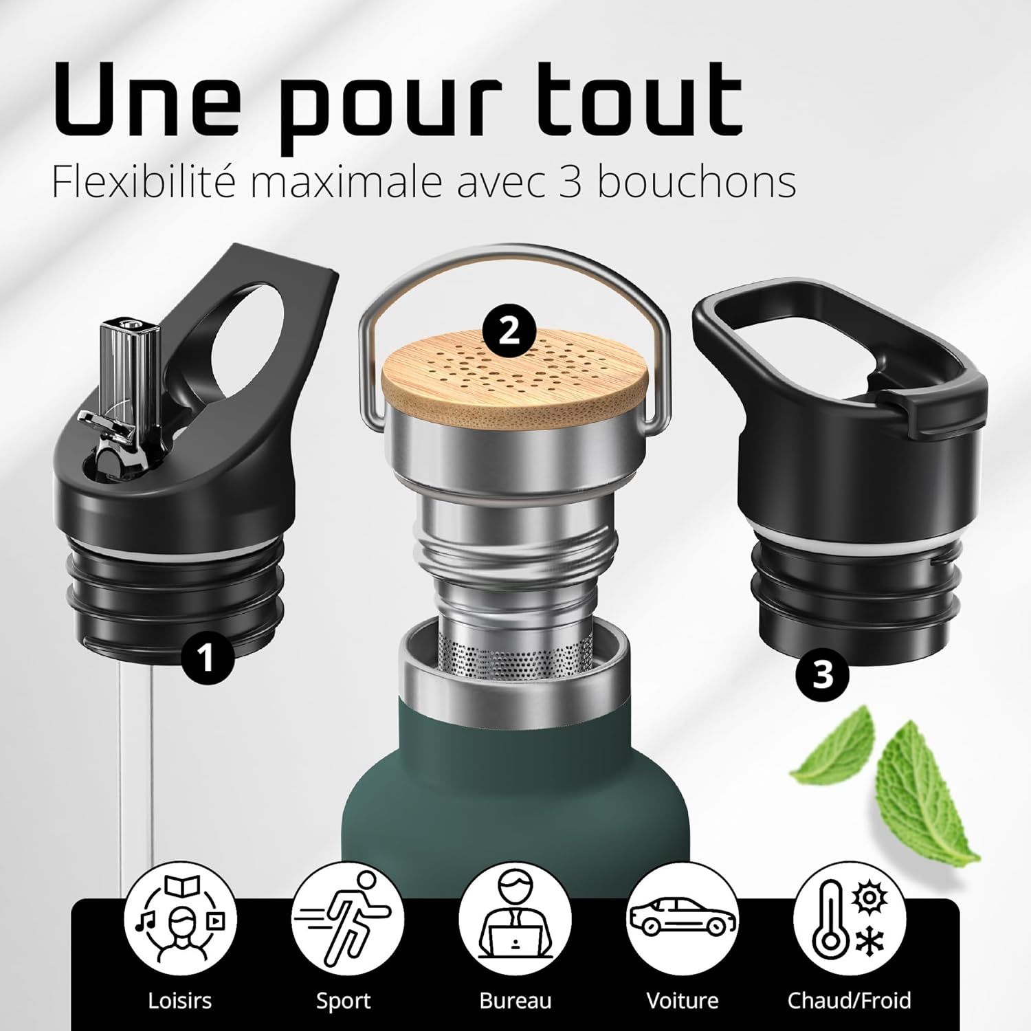 Gourde Inox Isotherme ACTIVE FLASK 1l/500ml sans BPA + Paille (3 Bouchons) | Bouteille d’eau Acier Inoxydable Isolée, Thermos Réutilisable | Camping Velo Sport Running Randonnée Enfant, Café The