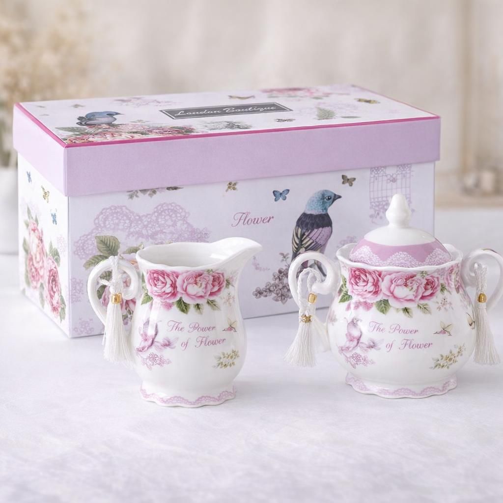London Boutique Service à thé en porcelaine avec sucrier et pot à crème vintage style shabby chic avec coffret cadeau Motif rose et papillon rose