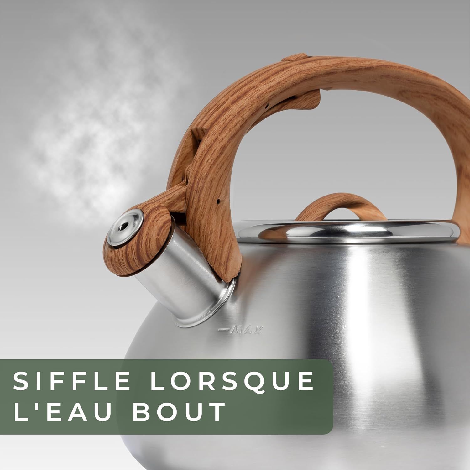 WALDWERK (2,3 L) Bouilloire INOX Vintage pour Induction et Gaz - Poignée Aspect Bois - Sifflante - Retro