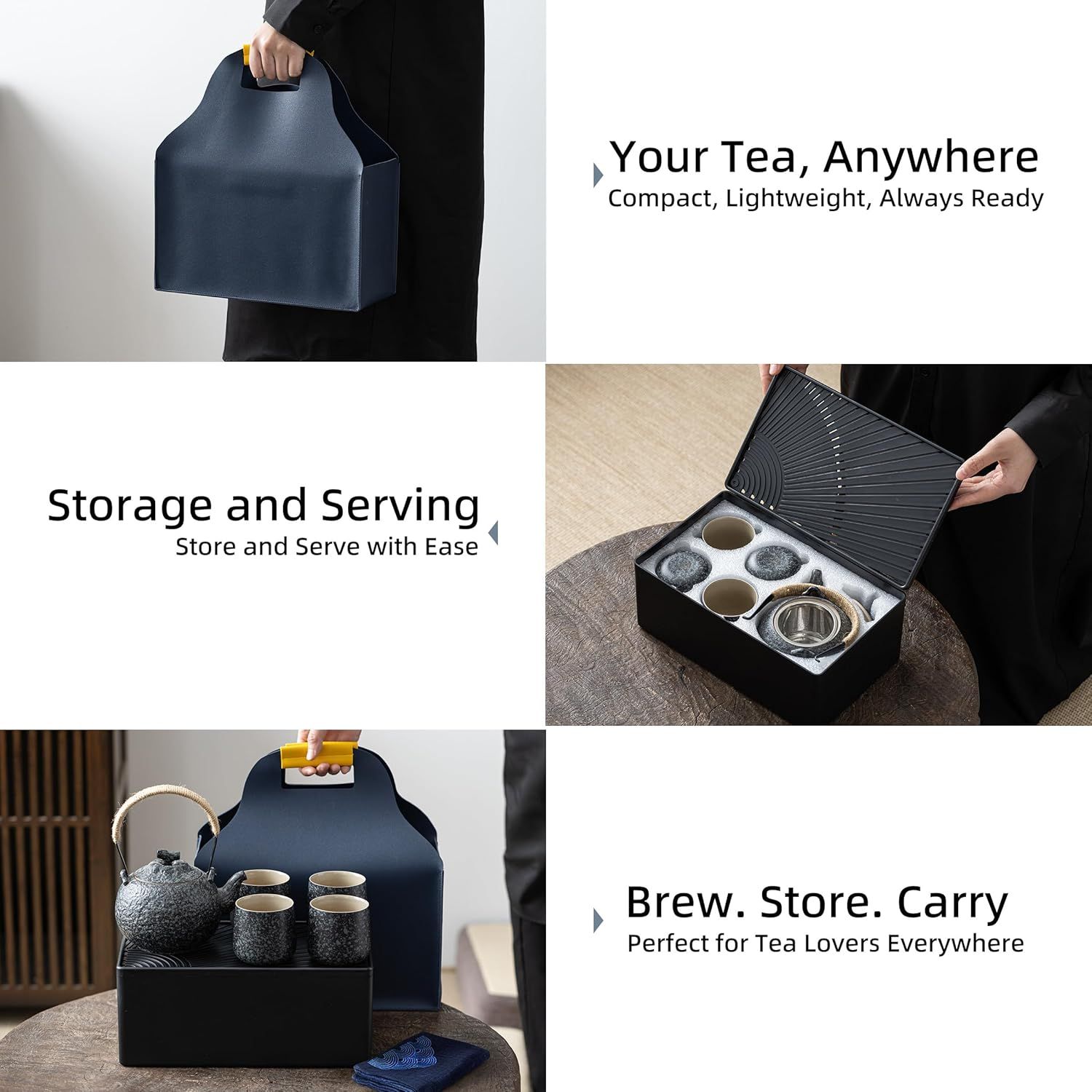 TEANAGOO Service à thé japonais portable, service à thé de voyage en porcelaine gris anthracite, 1 théière (700ml/25oz) + 4 tasses à thé (205ml/7.2oz), U2, étui de rangement pour plateau