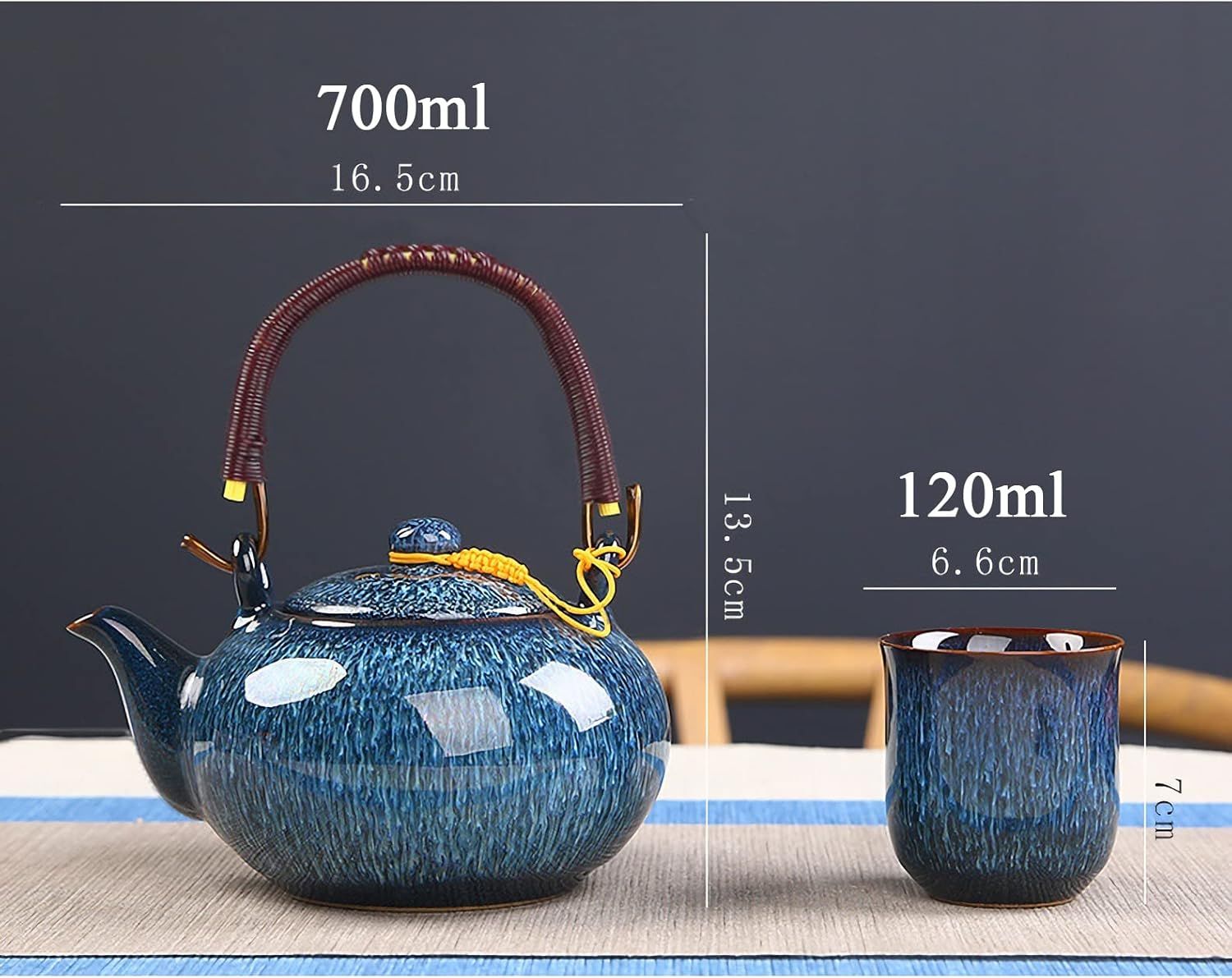 Service à thé chinois en céramique, théière de 600 ml et 6 tasses de 120 ml, service à thé kungfu changeant de four, théière asiatique pour les amateurs de thé, bleu