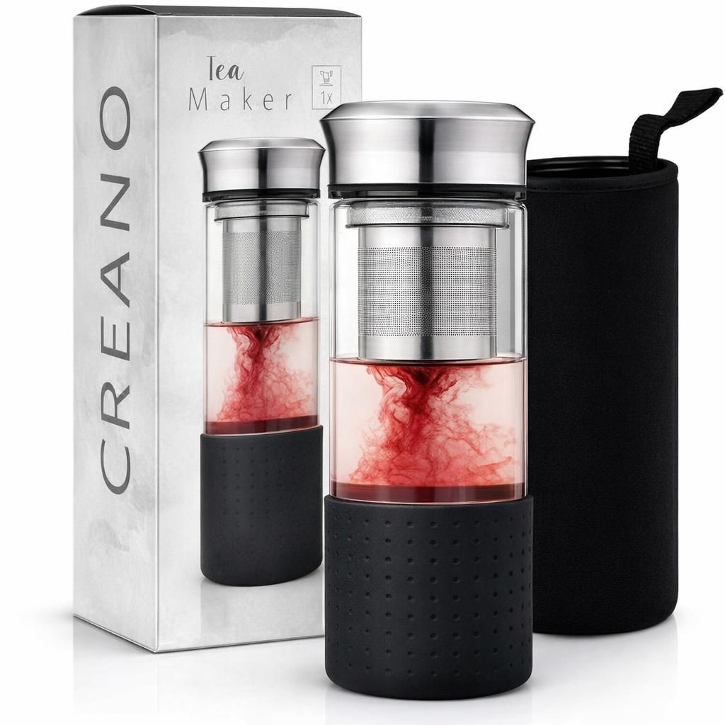 Creano „Teamaker“ 400ml – Théière Nomade & Bouteille à Thé en Verre avec Passoire Inox et Housse Néoprène – Bouteille Infuseur Étanche – Noir
