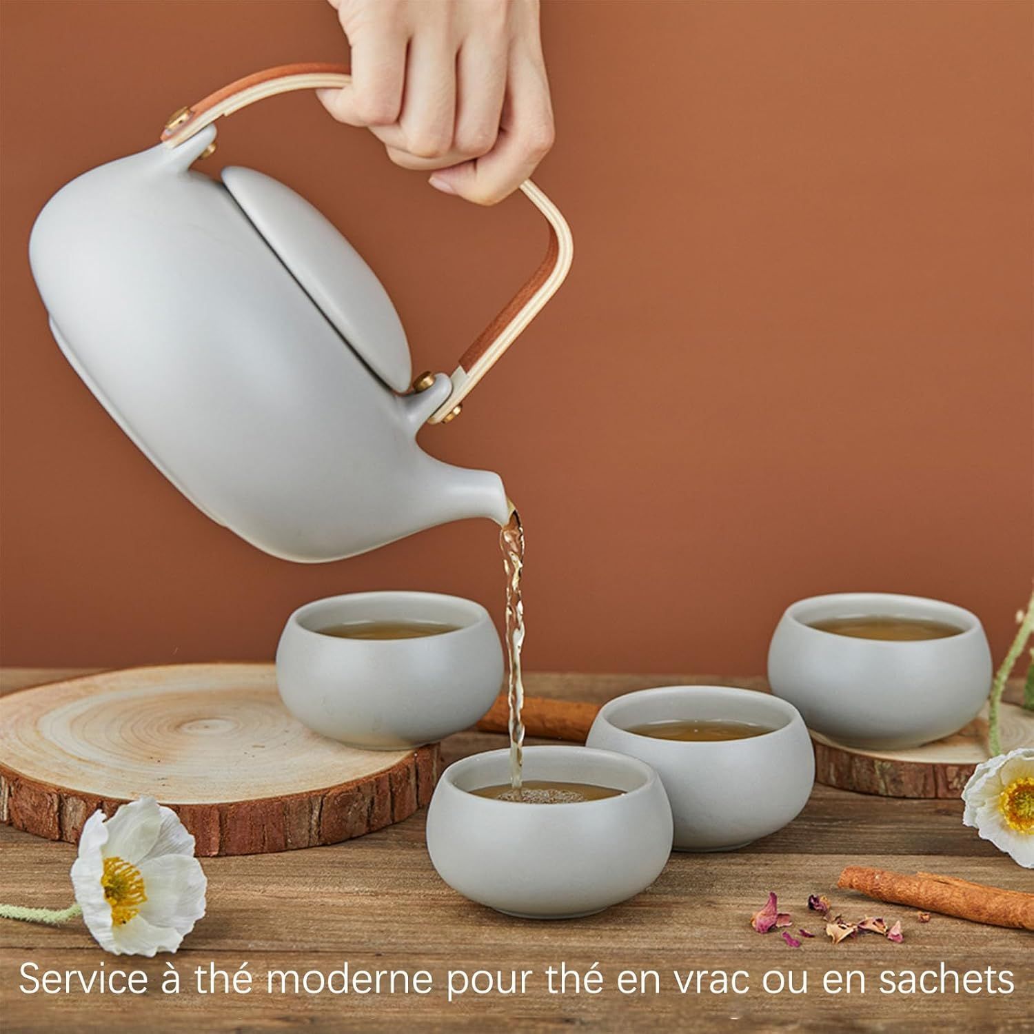 ZENS Theiere avec infuseur, Théière en japonaise avec 4 tasse pour le thé en vrac, gris céramique Théière avec filtre en acier inoxydable 304 pour les fleurs Thé, manche en bois moderne