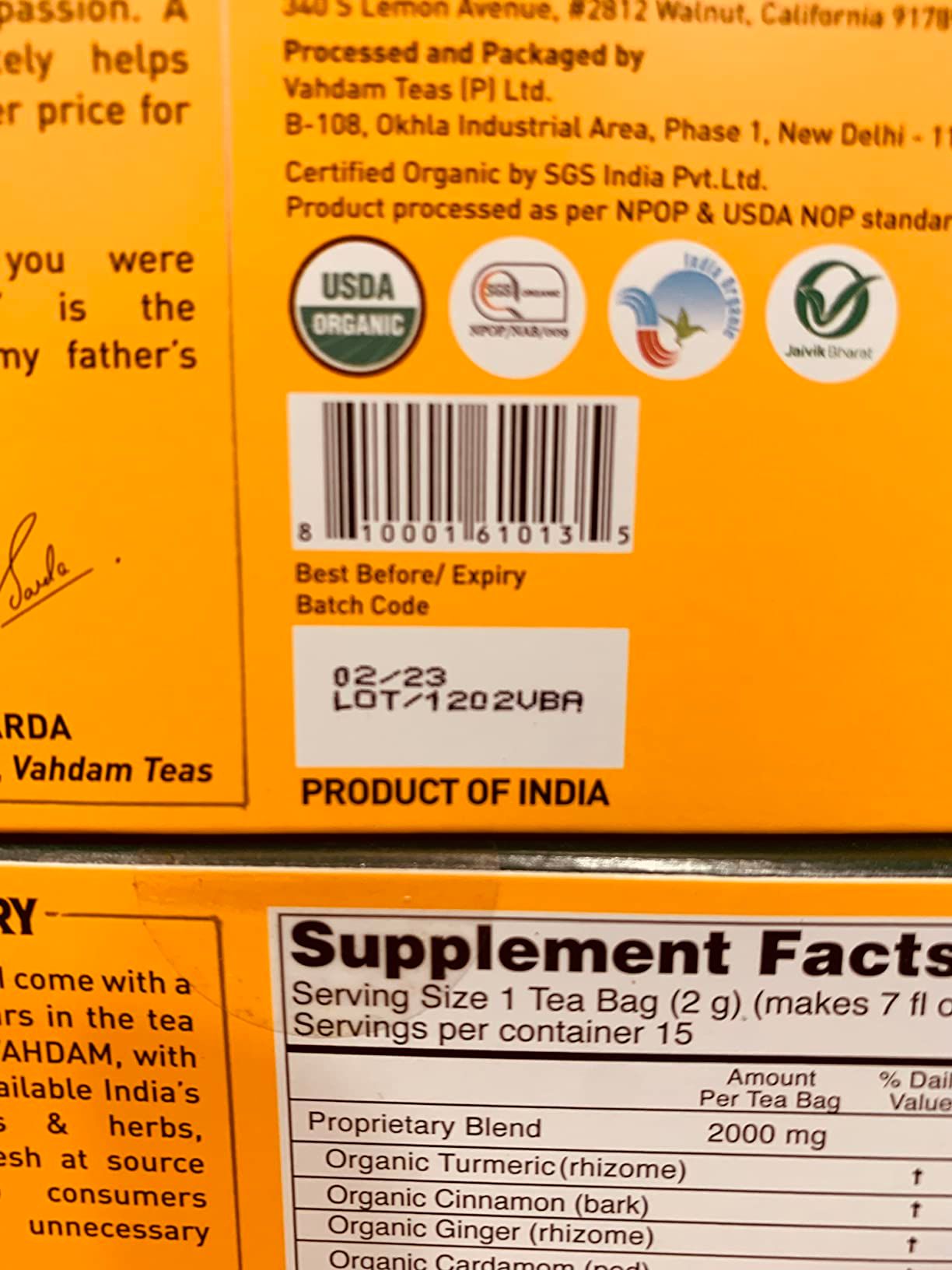 Tisane curcuma et épices Vahdam sans caféine