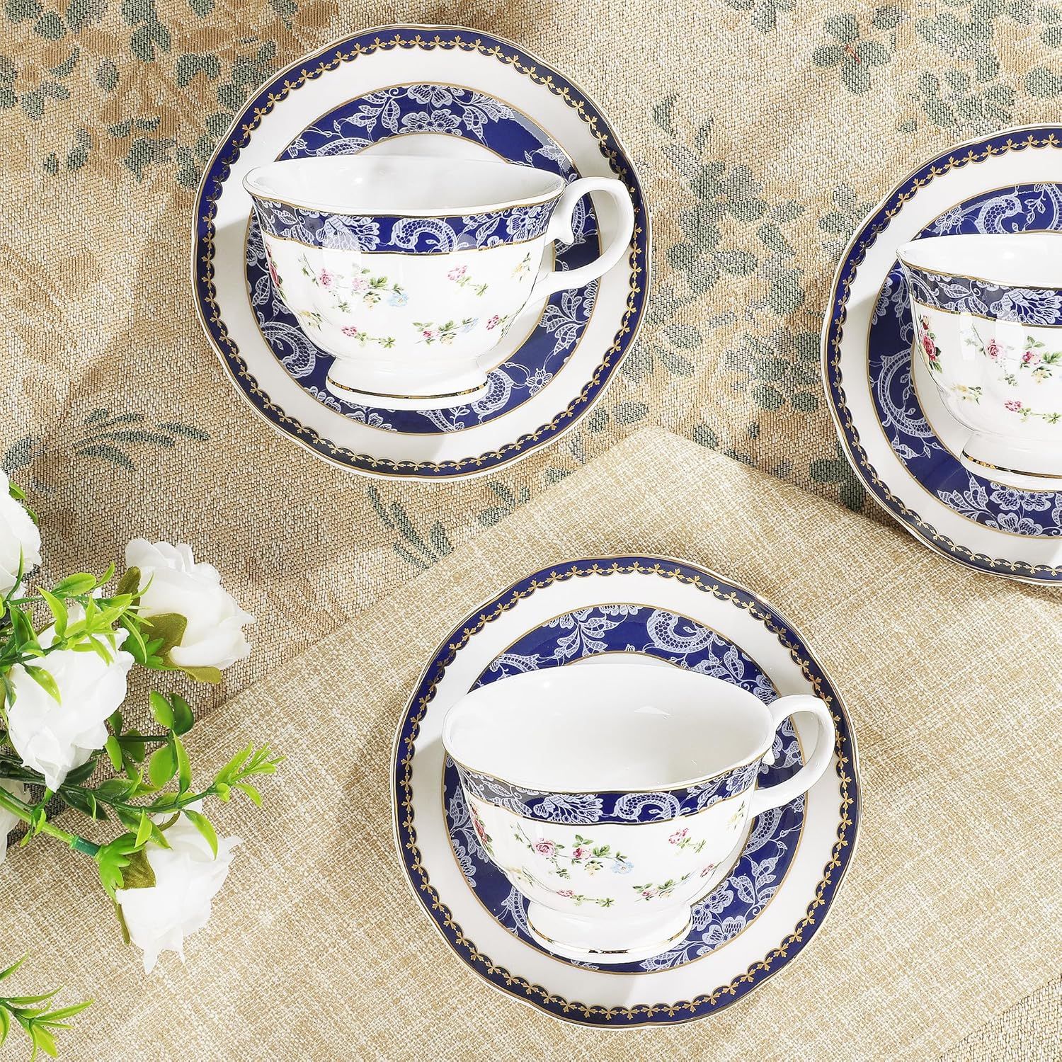 fanquare 21 Pièces Rose Bleue Ensemble de Thé Britannique pour l'après-midi, Ensemble de Théières en Porcelaine Moderne, Vintage Café Tasse et Soucoupe, Service à Thé Adulte pour 6 Personnes
