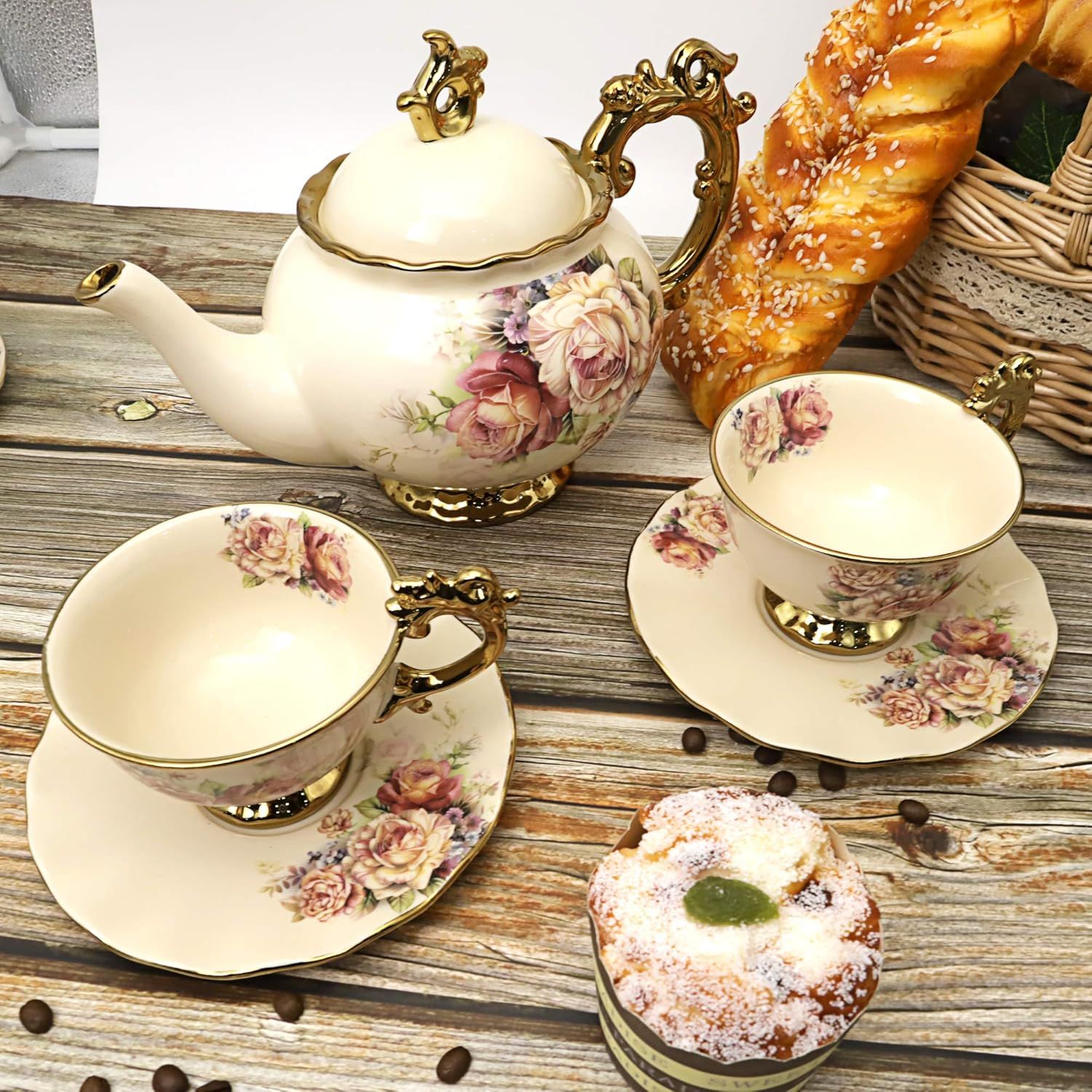 fanquare 15 Pièces Services à Thé de Mariage en Porcelaine Anglaise, Ensemble de Café de Fleurs Vintage, pour Adultes