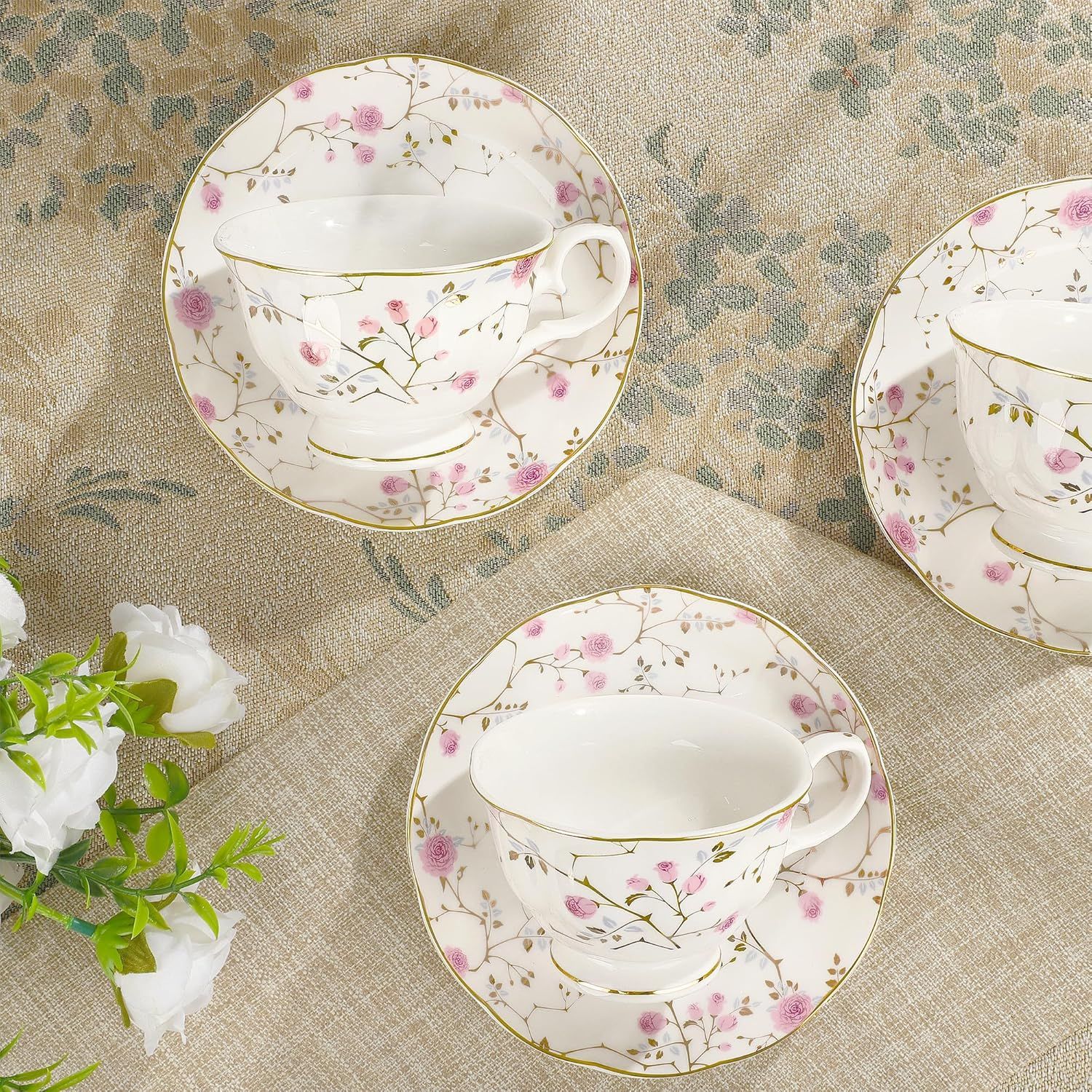 fanquare Fleurs Roses et Vignes Service à Thé de l’après-midi, 21 Pièces Ensemble de Théière en Porcelaine Britannique, Service à Café de Fête de Mariage Vintage, Service à Thé Adulte pour 6