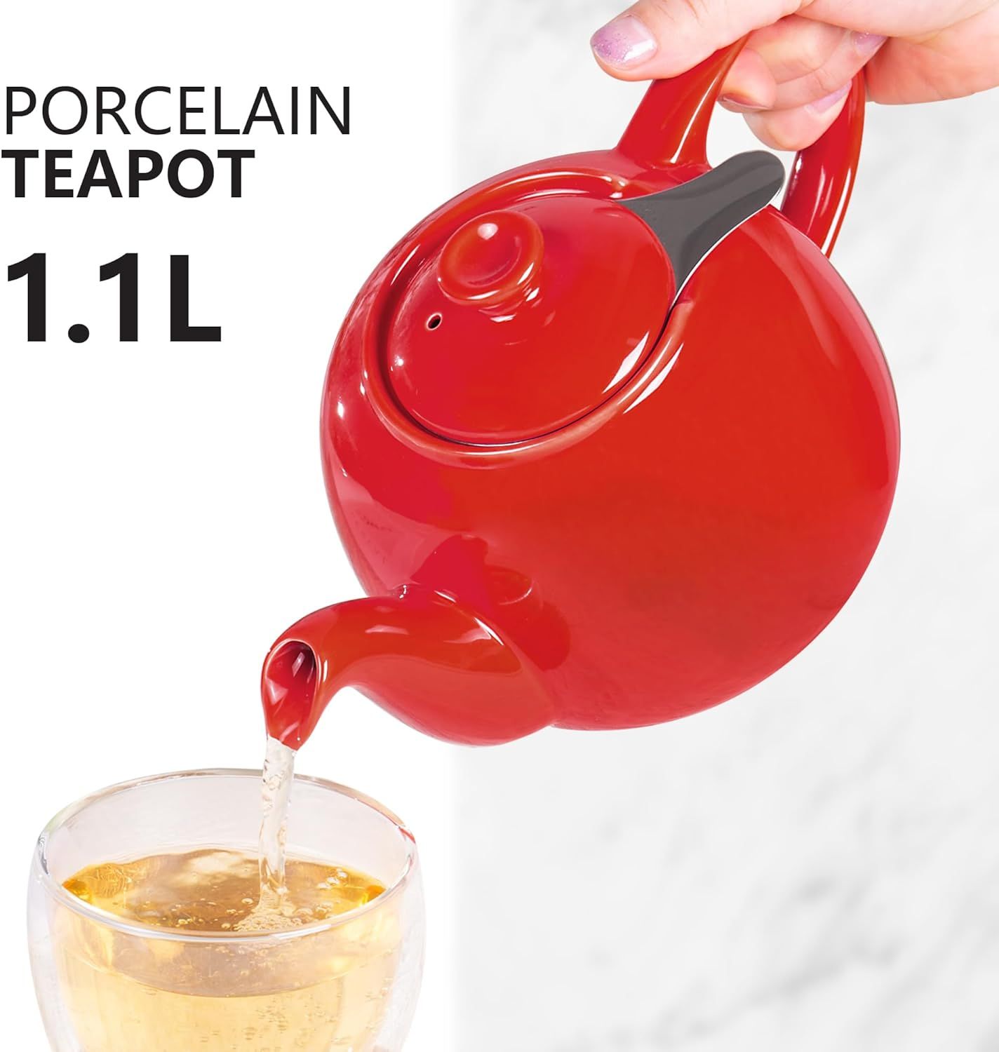 URBAN LIFESTYE Théière avec infuseur 1,1 L en porcelaine rouge Théière anti-goutte Infuseur intégré pour thé loose (Swansea)