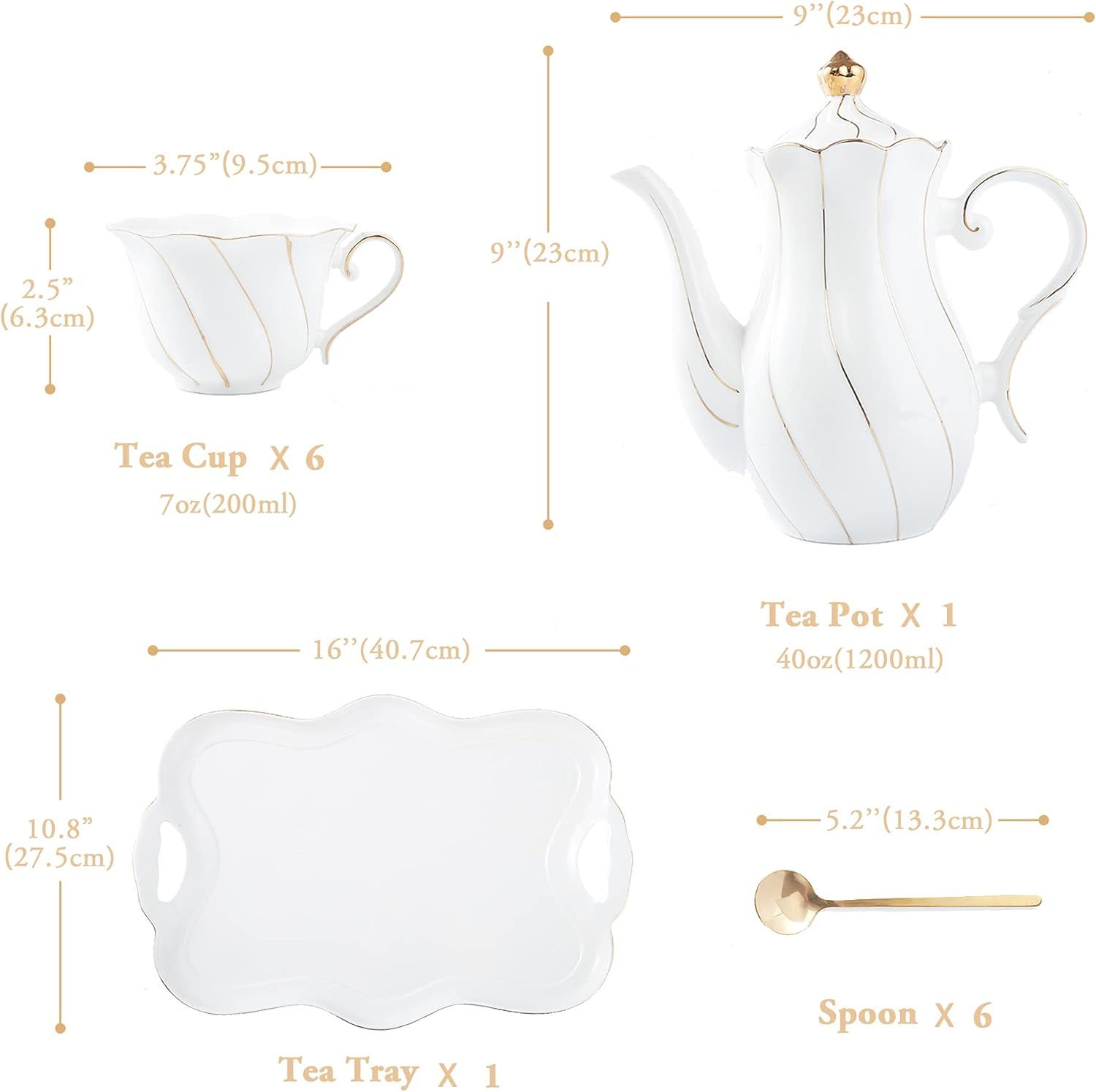 DUJUST Ensemble de Thé 14 Pièces de 6, avec Plateau à Thé et Cuillères, Ensemble de Tasses à Thé/Café de Style Britannique de Luxe avec Garniture Dorée