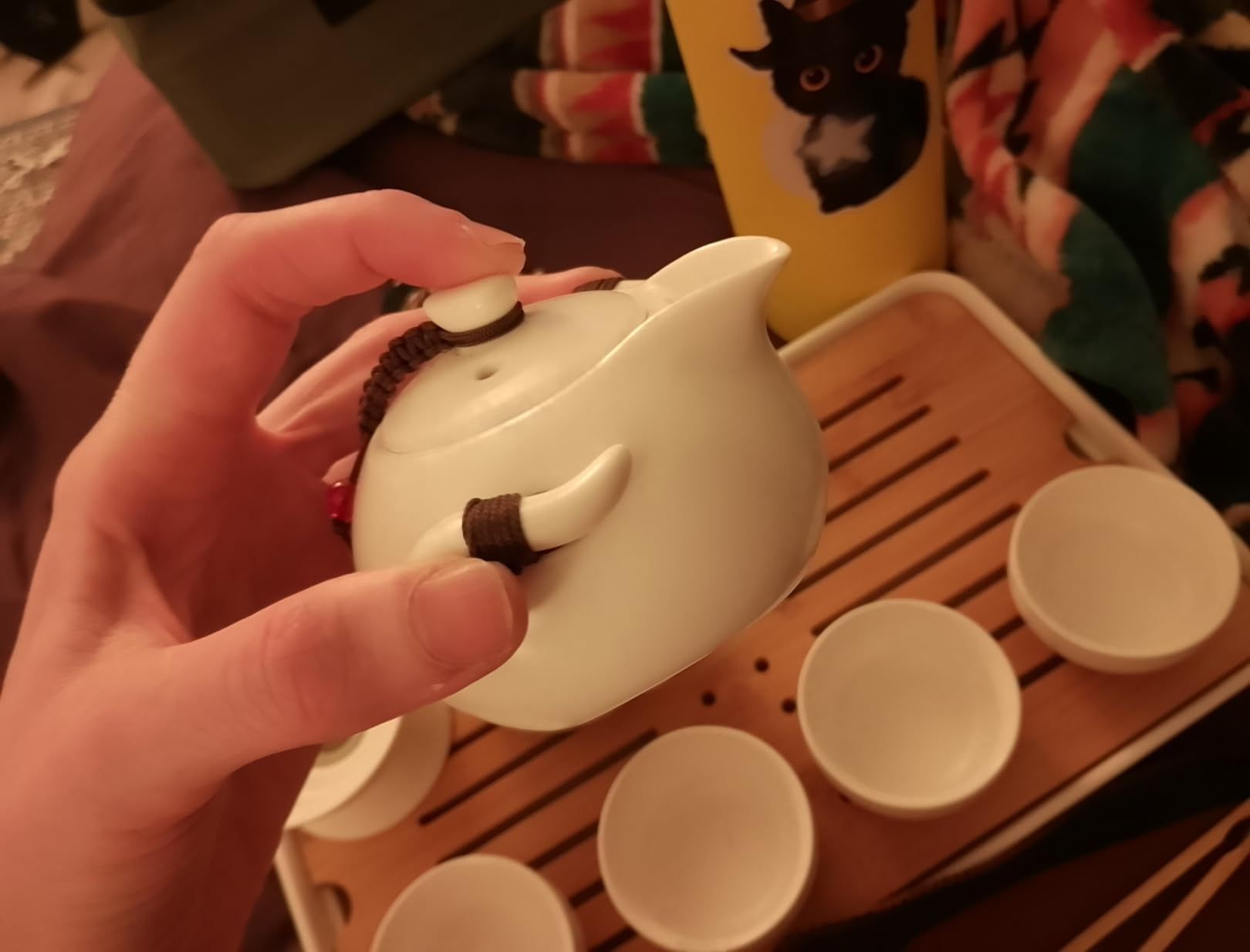 fanquare Portable Kungfu Service à Thé Chinois, Ensemble de Thé Kungfu Fait Main, Théière en Porcelaine, Tasses à Thé, Plateau à Thé en Bambou et Un Sac pour Voyage, Blanc