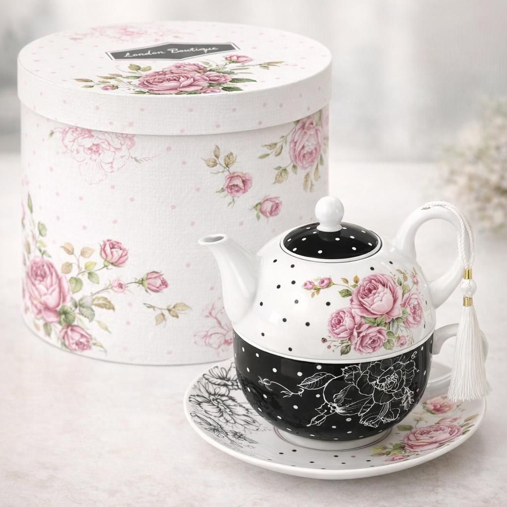 London Boutique - Théière, tasse et sous-tasse en porcelaine pour femme - Motif floral vintage - pour 1 personne - 350 ml (noir)