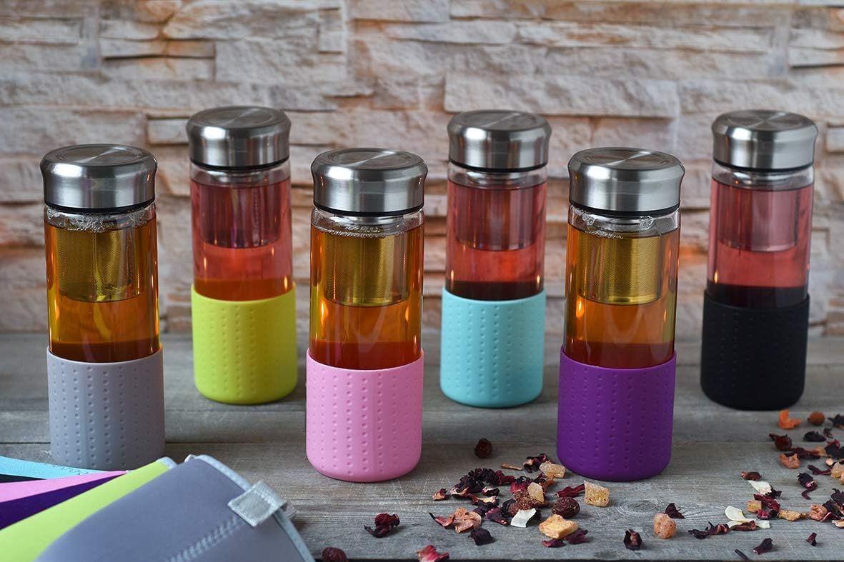 Creano „Teamaker“ 400ml – Théière Nomade & Bouteille à Thé en Verre avec Passoire Inox et Housse Néoprène – Bouteille Infuseur Étanche – Noir