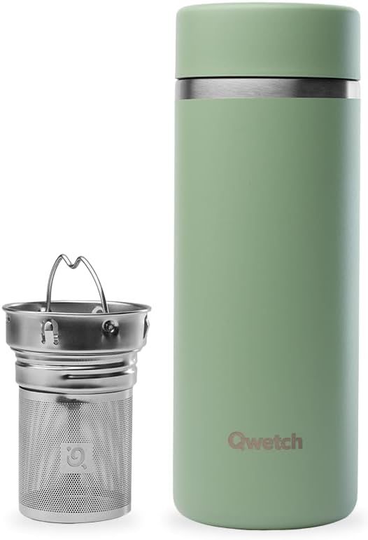 Qwetch - Théière Isotherme Nomade 400ml - Infuseur avec 2 Filtres - 12h Chaud / 24h Froid - Étanche, Réutilisable & Durable - Pour Thé, Café, Tisane, Fruits (Vert Tilleul)