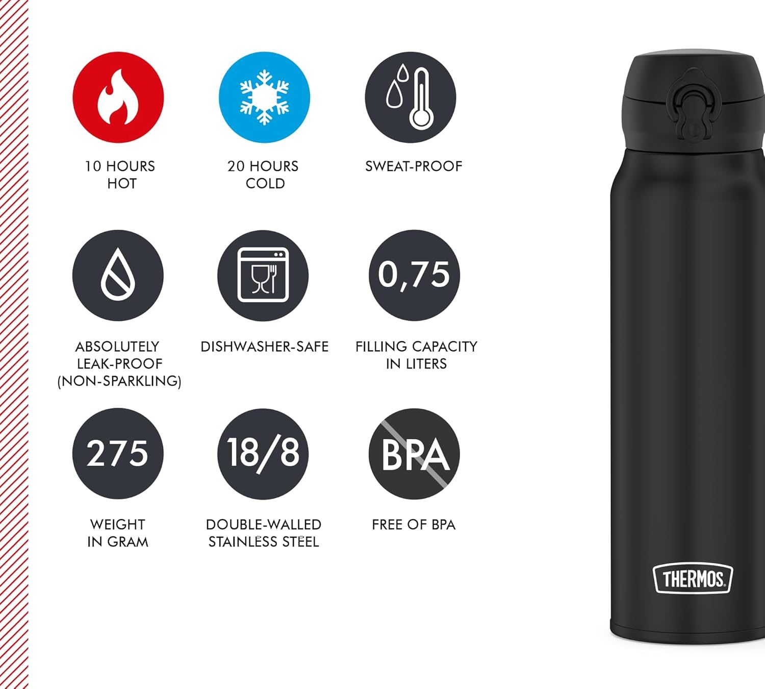 Thermos Bouteille Isotherme ultralégère, Acier Inoxydable, Noir Mat, 0,75 Liter