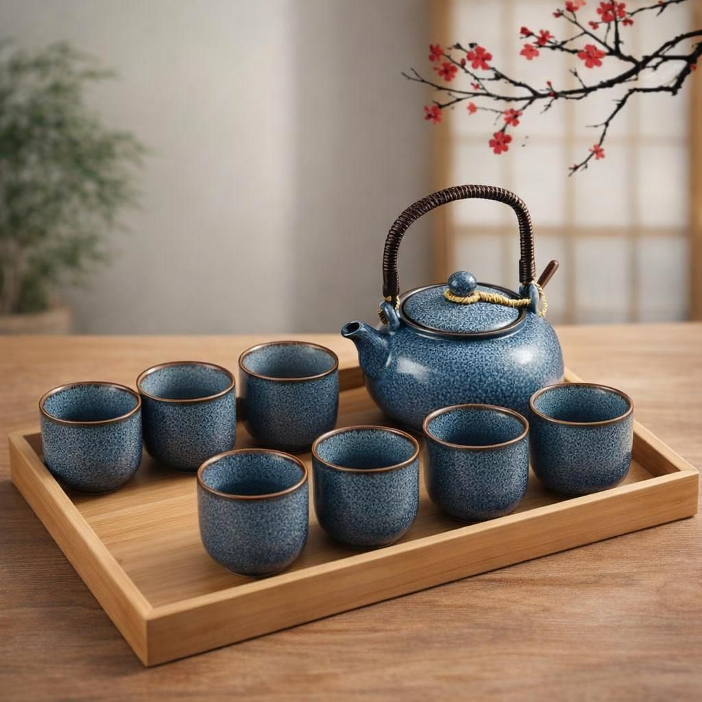 DUJUST Service à thé japonais - 8 pièces, en porcelaine avec 1 théière, 6 tasses et 1 plateau à thé, theiere unique pour adultes, bleu clair