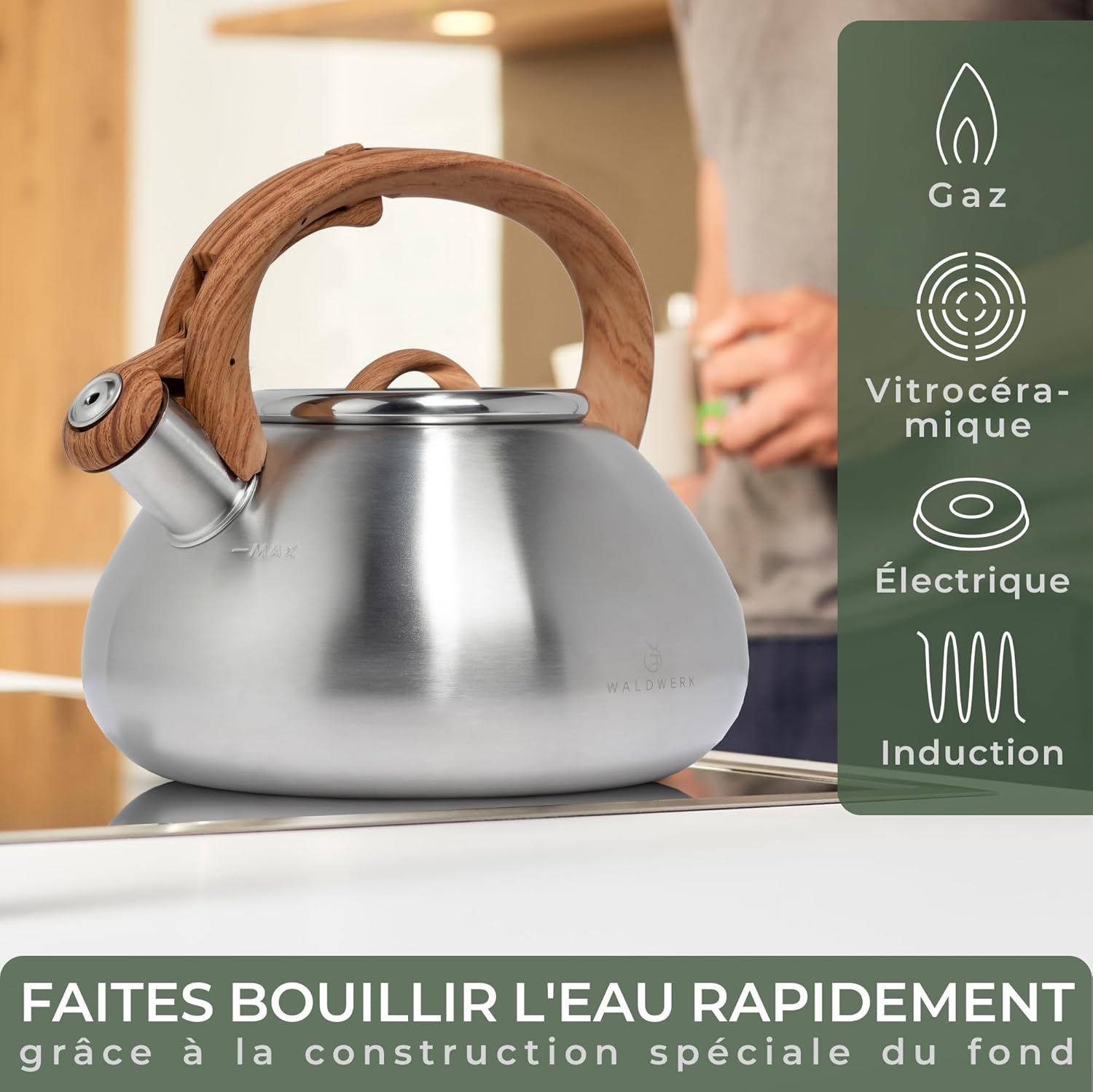 WALDWERK (2,3 L) Bouilloire INOX Vintage pour Induction et Gaz - Poignée Aspect Bois - Sifflante - Retro