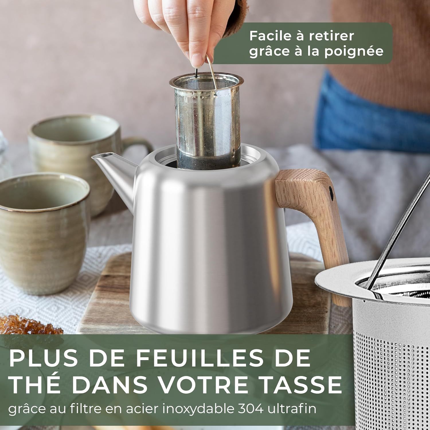 WALDWERK Théière avec Infuseur (1,1L) en Acier Inoxydable 304 - Poignées en Bois de Chêne, Sans Goutte, Filtre Amovible et Réchaud