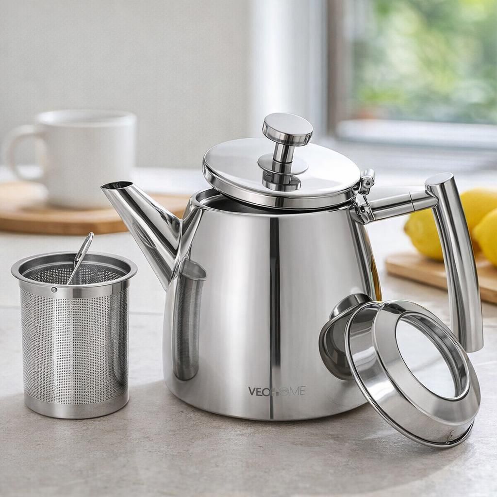 Theière inox avec infuseur 1L - Garde la chaleur grâce à sa double paroi