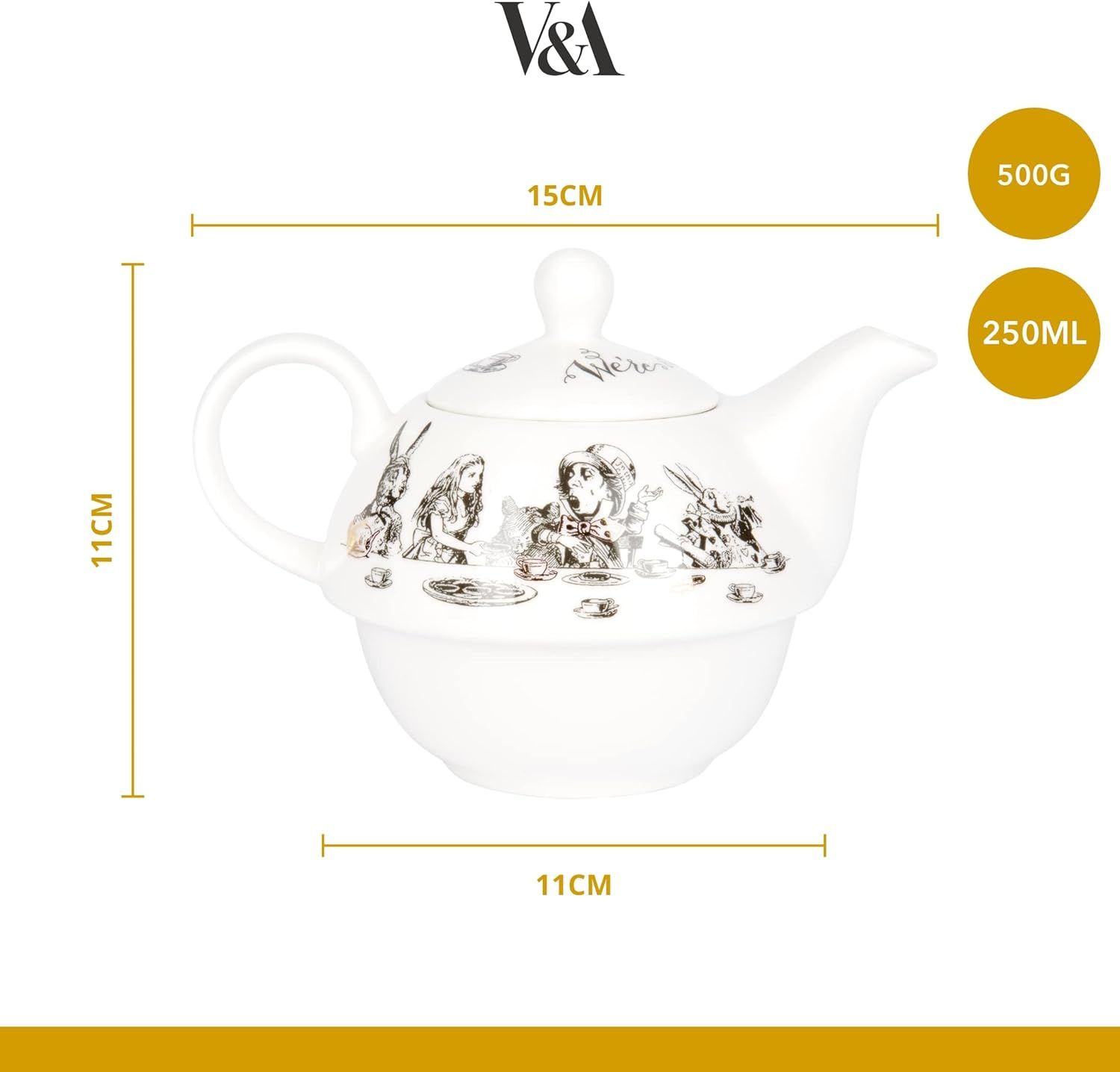 V&A Alice Au Pays Des Merveilles Théière Et Tasse Pour 1 Dans Un Coffret Cadeau, Service À Thé En Porcelaine Fine, Blanc, 250 Ml