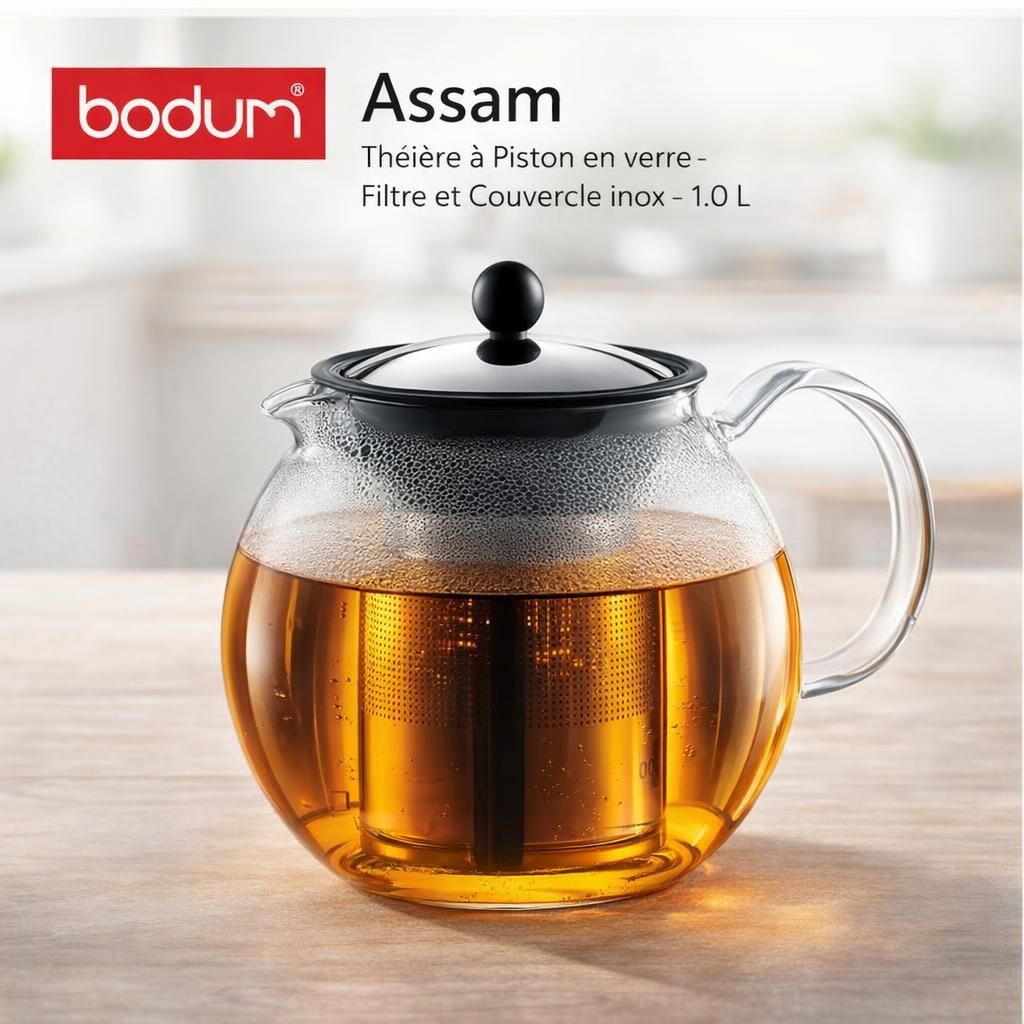 Bodum - 1801-16 - Assam - Théière à Piston en verre - Filtre et Couvercle inox - 1.0 L