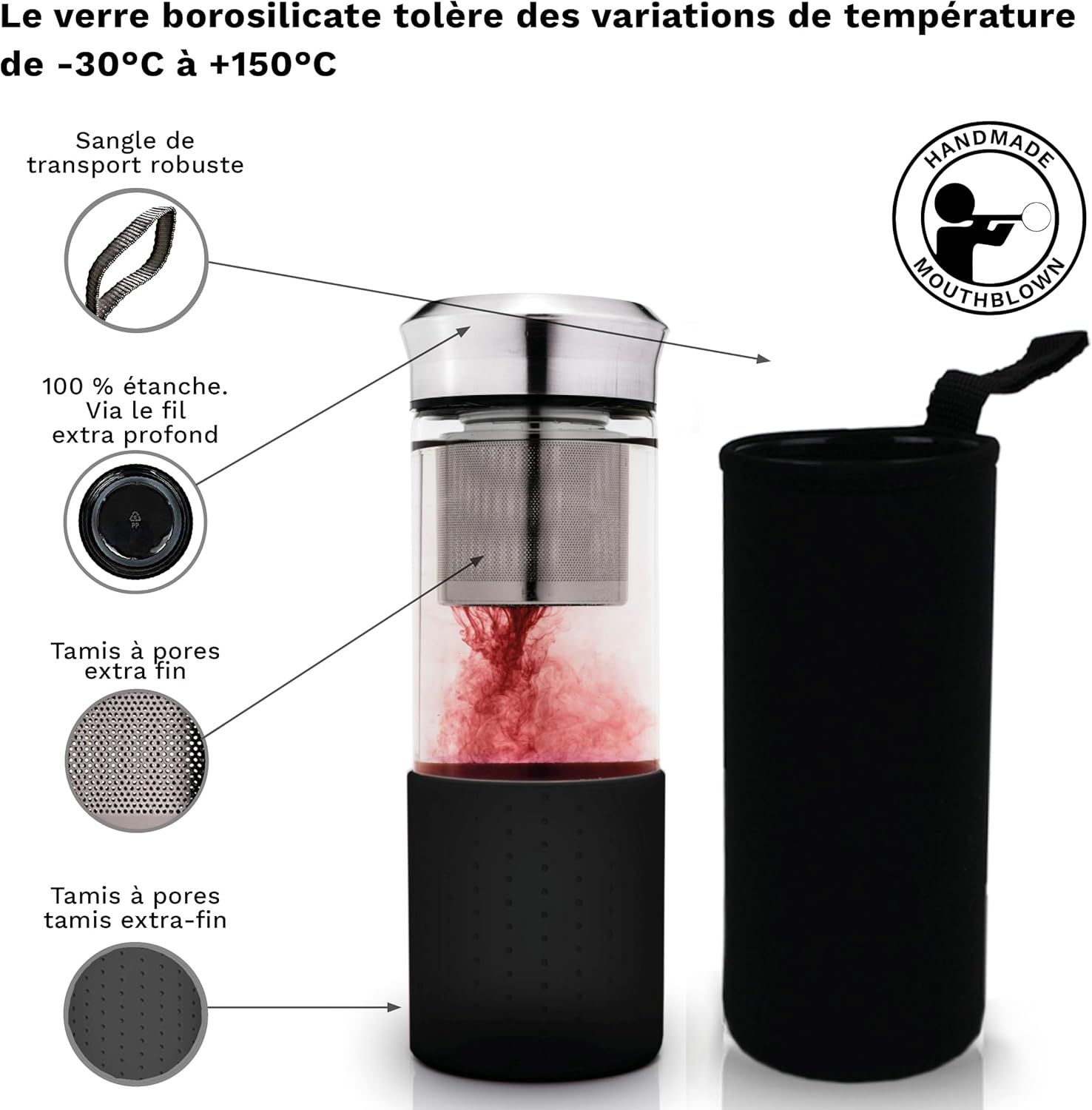 Creano „Teamaker“ 400ml – Théière Nomade & Bouteille à Thé en Verre avec Passoire Inox et Housse Néoprène – Bouteille Infuseur Étanche – Noir