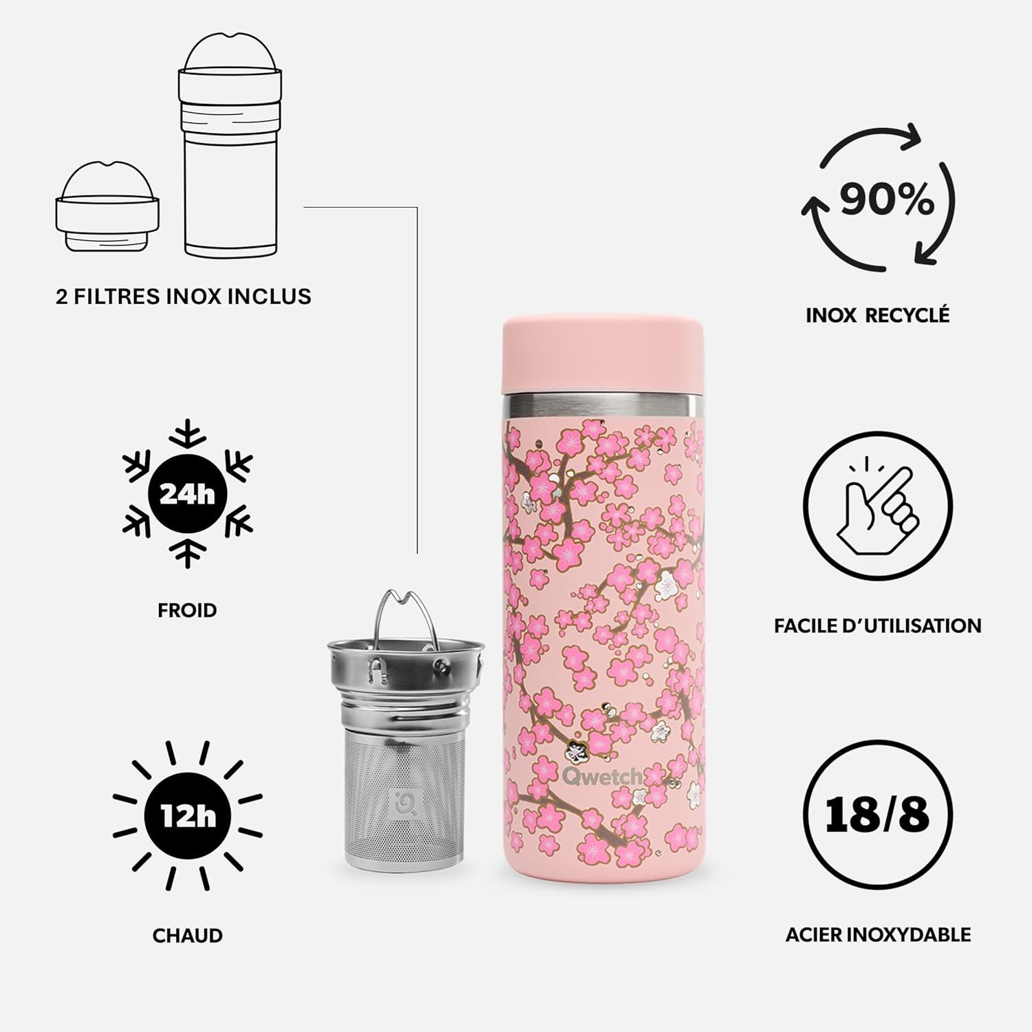 Qwetch - Théière Isotherme Nomade 400ml - Infuseur avec 2 Filtres - 12h Chaud / 24h Froid - Étanche, Réutilisable & Durable - Pour Thé, Café, Tisane, Fruits (Flowers Rose)