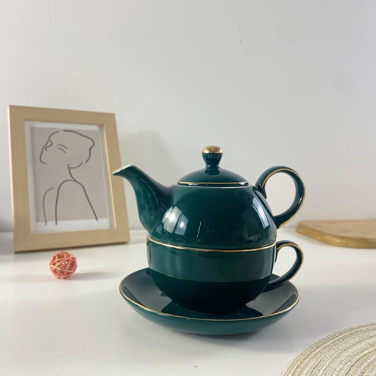 YBK Tech Service à thé en Céramique pour une Personne, théière de 12oz et Tasse de 8.2oz avec Soucoupe (Vert Paon)