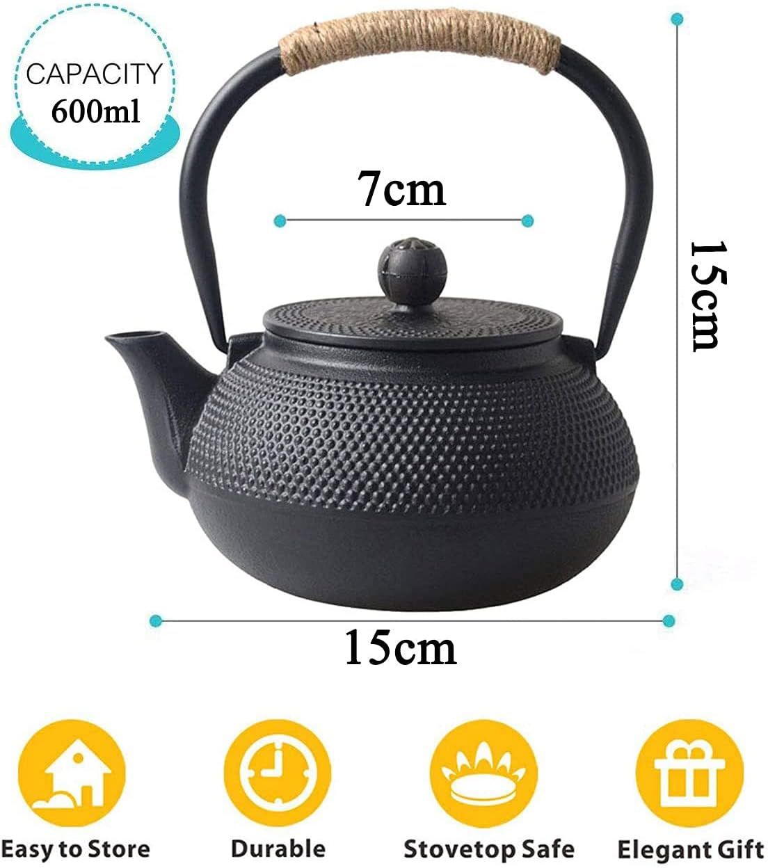 Théière en Fonte avec Infuser, 600ml Théière Induction pour Thé Noir, Bouilloire à Thé pour Les Amateurs de Thé, Noir