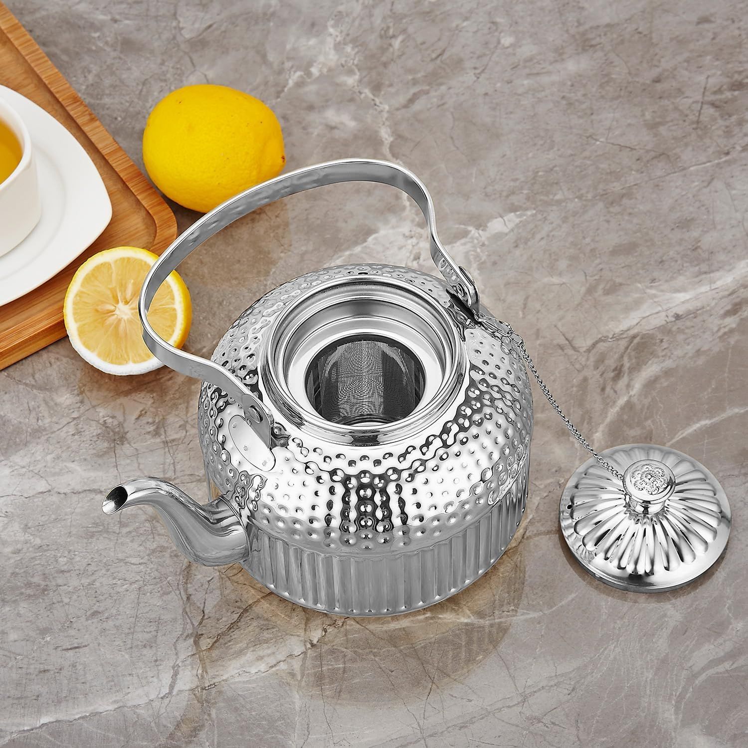 SANQIAHOME 1200ml Théière en acier inoxydable avec infuseur style rétro，argent