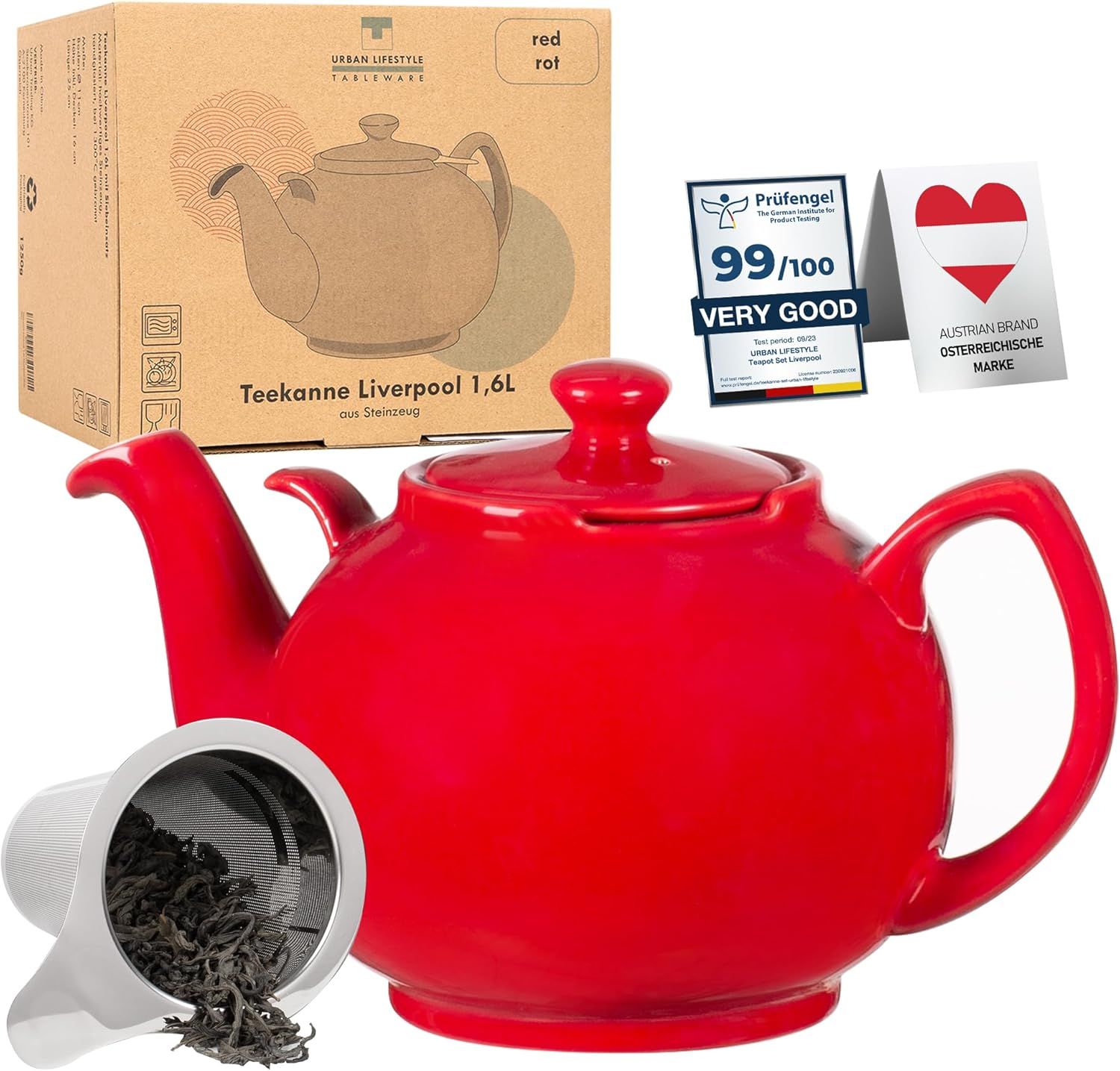 Urban Lifestyle Liverpool Théière en céramique avec infuseur en acier inoxydable Rouge 1,6 l